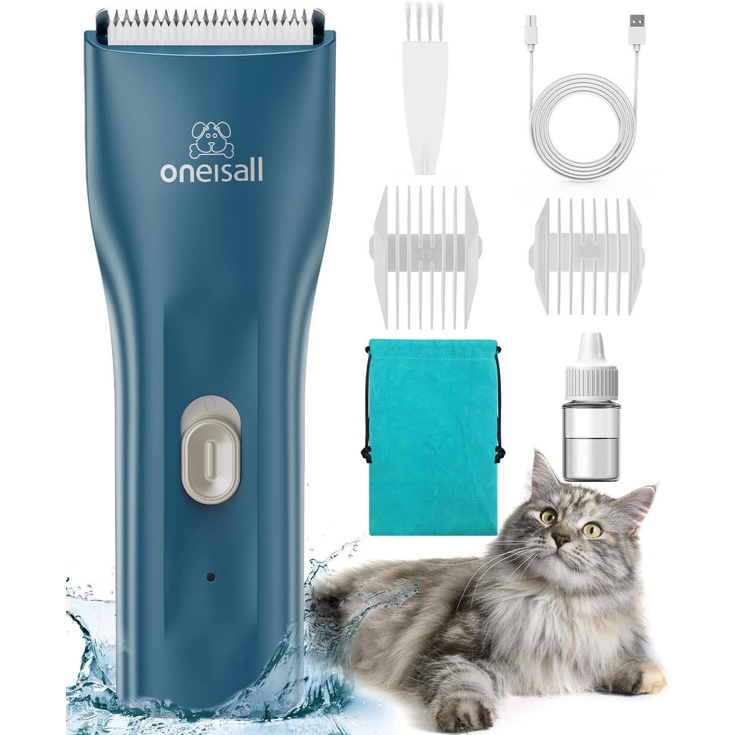 Oneisall LGL006 Cat Grooming Clippers, Cordless Quiet Cat Clippers for Cat Matted Hair, IPX7 Waterproof Small Pet Hair Clippers with 2 Guide Combs & Storage Bag, Pet Shaver for Grooming - Navy