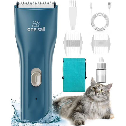 Oneisall LGL006 Cat Grooming Clippers, Cordless Quiet Cat Clippers for Cat Matted Hair, IPX7 Waterproof Small Pet Hair Clippers with 2 Guide Combs & Storage Bag, Pet Shaver for Grooming - Navy