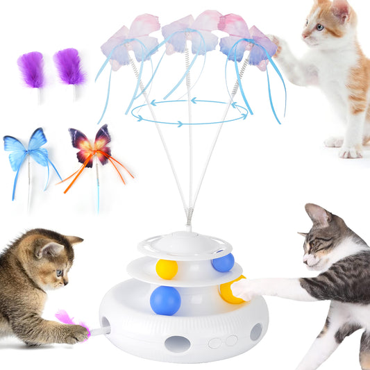 Oneisall 3 In 1 Interactive Cat Toys for Indoor Cats, Automatic Cat Toy with 3 Cat Wands & Moving Feather & Track Balls, Cat Toys for Boredom and Stimulating, Kitten Toys for Indoor Cats Self Play