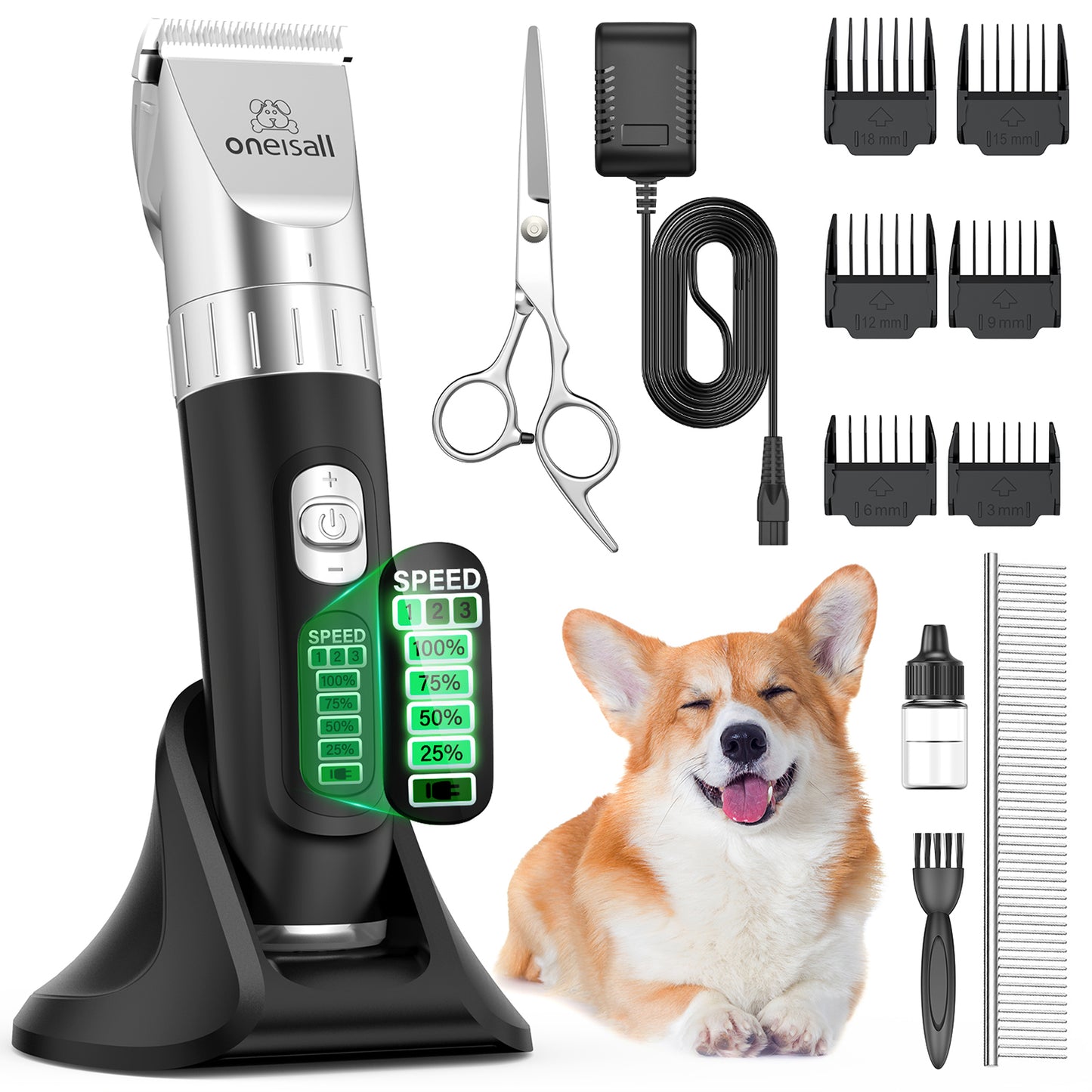 Oneisall A11 3 Speed Quiet Dog Clippers for Grooming, Cordless 2000mAh Rechargeable Dog Grooming Kit with Base, 6 Guide Combs, Steel Comb and Scissors, Dog Grooming Clippers for Cats Dogs Matted Hair