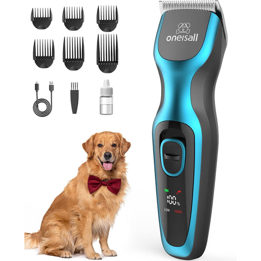 Oneisall DTJ-001 Dog Clippers for Grooming, High Power 7000RPM Low Noise Dog Grooming Clippers with Stainless Steel Blade & 6 Guide Guards, Rechargeable Dog Grooming Kit for Heavy Coats, Grey Blue