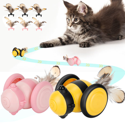 Oneisall 2 Pack Interactive Cat Toys for Indoor Cats, Little Bee Shape Automatic Cat Toy with Colorful LED Lights, Cat Interactive Toy with 6 Feather Toys, Smart Cat Toys Interactive - Yellow+Pink