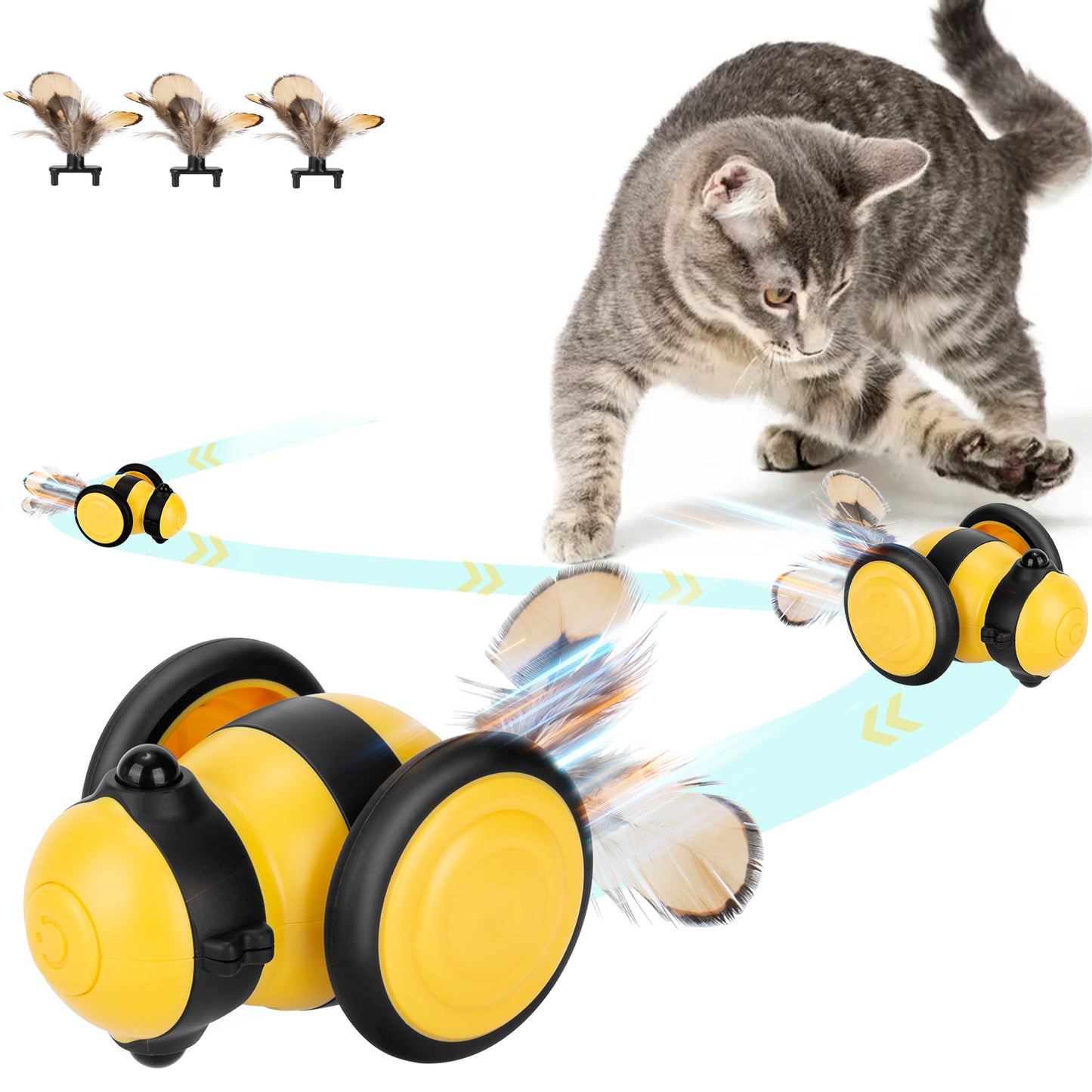 Oneisall 2 Pack Interactive Cat Toys for Indoor Cats, Little Bee Shape Automatic Cat Toy with Colorful LED Lights, Cat Interactive Toy with 6 Feather Toys, Smart Cat Toys Interactive - Yellow+Pink