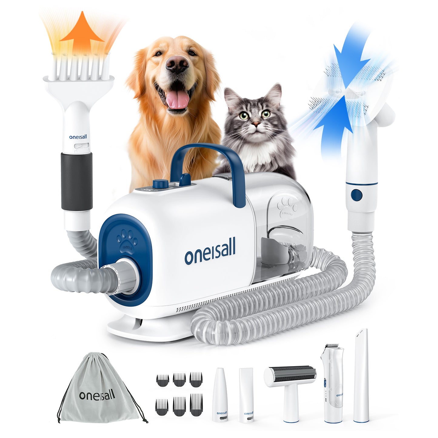 Oneisall BM1 Dog Grooming Vacuum for Shedding & Drying Trimming Pet Hair, 8 In 1 Pet Grooming Vacuum & Dryer, Low Noise Pet Vacuum, Dog Grooming Kit with 7 Levels Blow Temperature & 1.5L Dust Cup