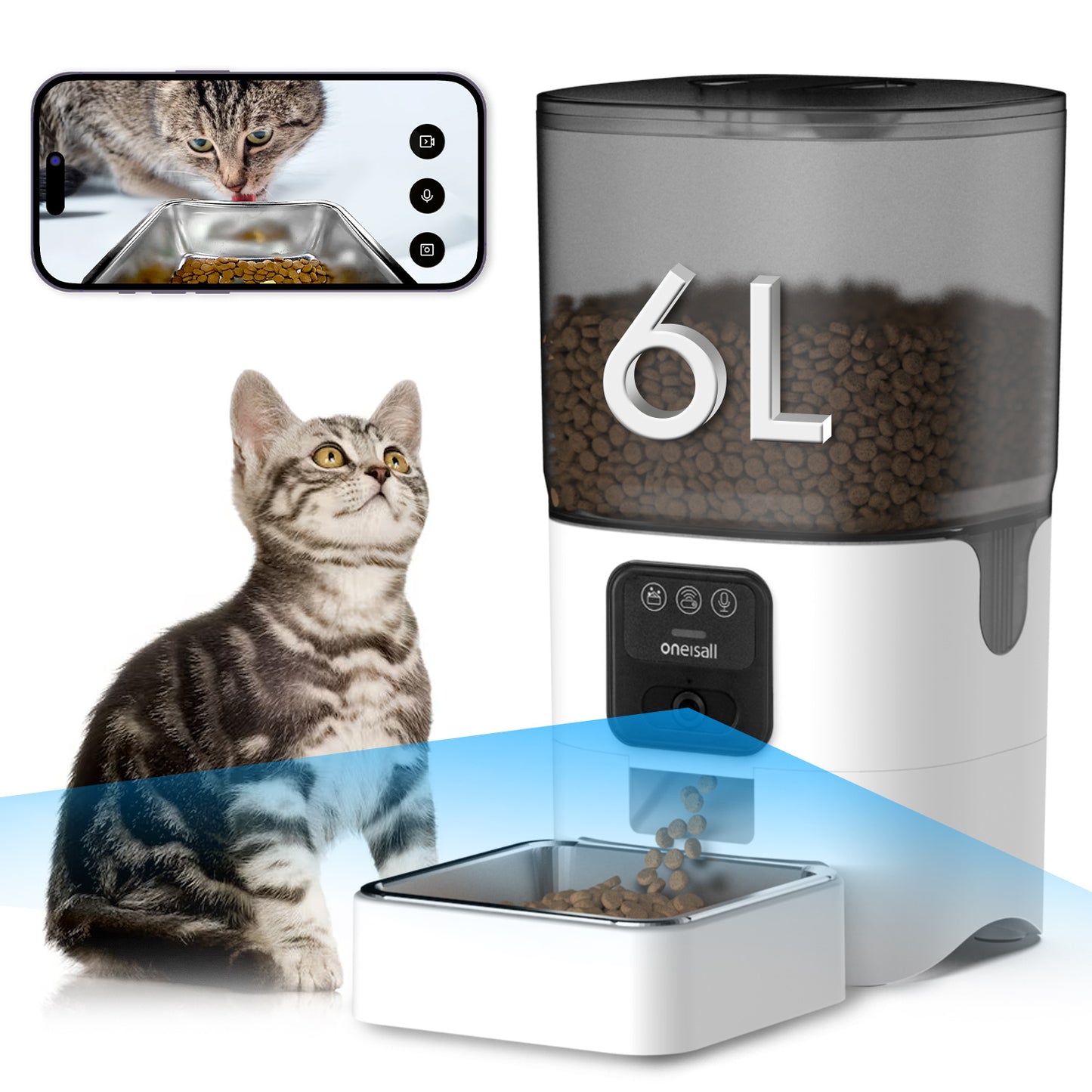 Oneisall WF-63 5GHz & 2.4GHz Automatic Cat Food Dispenser, 6L/12 Cups Automatic Cat Feeder with Camera, White