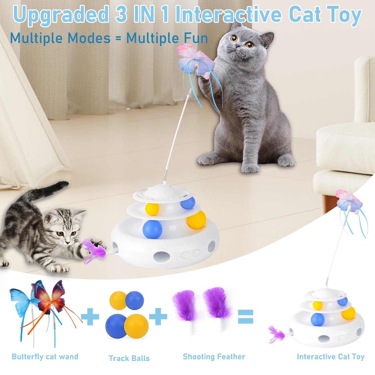 Oneisall 3 In 1 Interactive Cat Toys for Indoor Cats, Automatic Cat Toy with 3 Cat Wands & Moving Feather & Track Balls, Cat Toys for Boredom and Stimulating, Kitten Toys for Indoor Cats Self Play