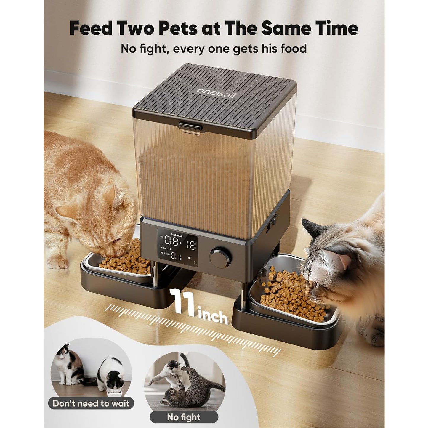 Oneisall PFD-002 Automatic Cat Food Dispenser for 2 Cats/2 Small Dogs, 5L/20 Cups Cat Food Dispenser, Double Bowl Automatic Cat Feeder with 1 Desiccant Bag, Timed Pet Feeder for Pet Dry Food - Black