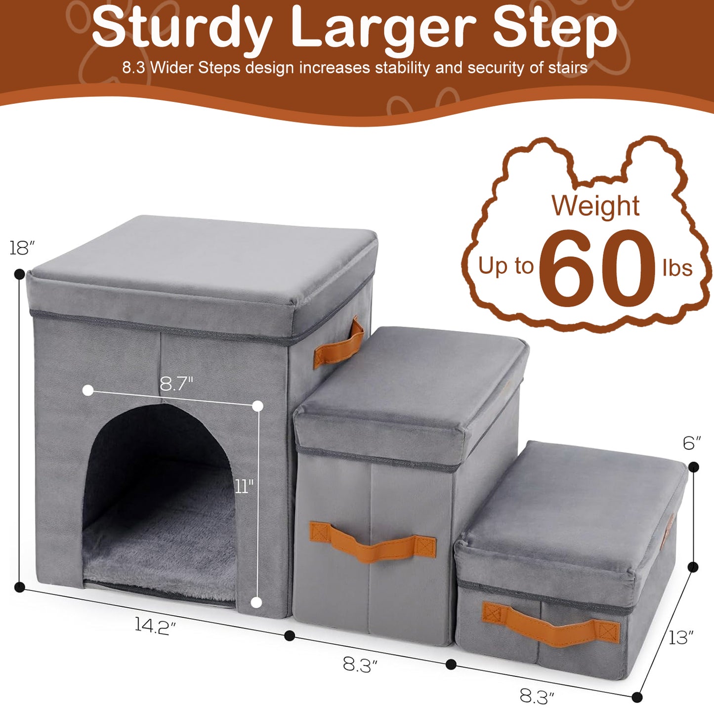 Oneisall Dog Stairs for Small Dogs Cats, 3 Steps Foldable Dog Steps for High Bed & Couch, 18" H Non-Slip Cat Stairs with Portable Handles & Storage & Condo, Pet Stairs for Bed Hold Up to 60 lbs, Grey