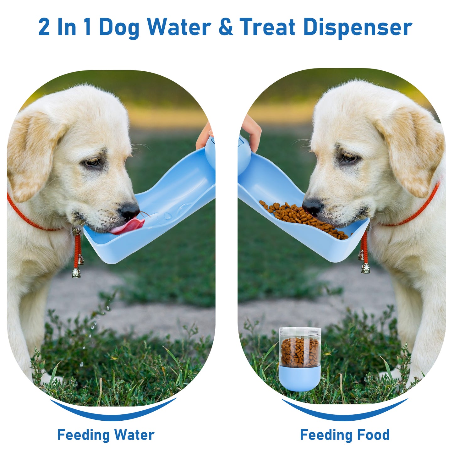 Oneisall 2 In 1 Dog Water Bottle Portable, 10 OZ Dog Water Dispenser & 7 OZ Dog Food Dispenser, Leak Proof Dog Travel Water Bottle with Dog Shovel & Garbage Bag, Outdoor Water Dispenser for Dogs