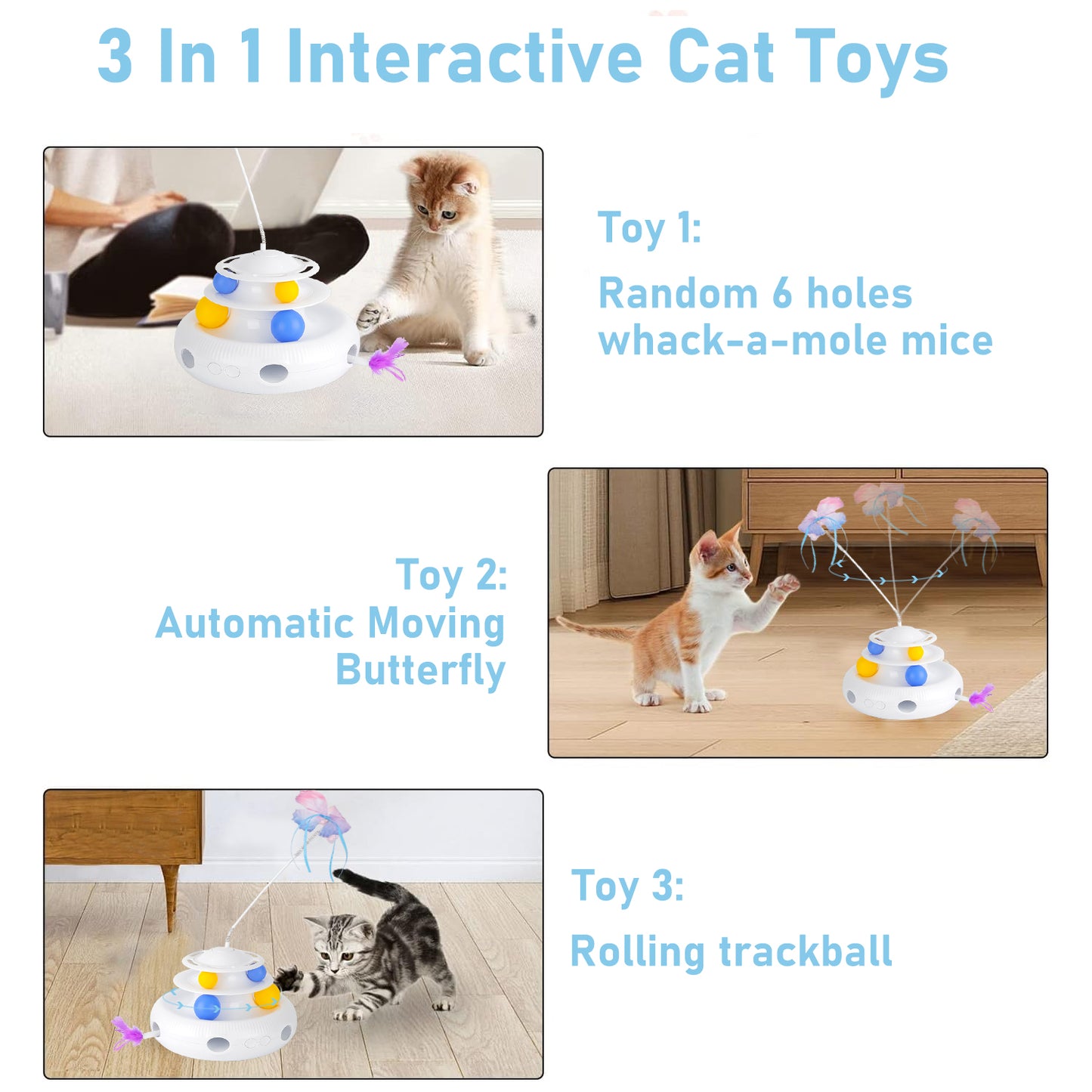 Oneisall 3 In 1 Interactive Cat Toys for Indoor Cats, Automatic Cat Toy with 3 Cat Wands & Moving Feather & Track Balls, Cat Toys for Boredom and Stimulating, Kitten Toys for Indoor Cats Self Play