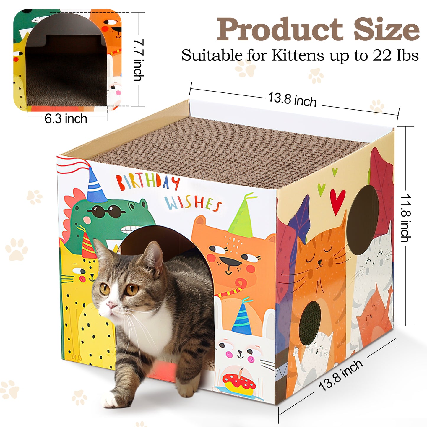 Oneisall Cardboard Cat Houses for Indoor Cats, Cat House with 2 Story Cat Scratch Pads & 3 Mouse Toys, 13.8"L x 13.8"W x 11.8"H Cardboard Cat Scratchers Bed, Cat Play & Hideaway House for Small Cats