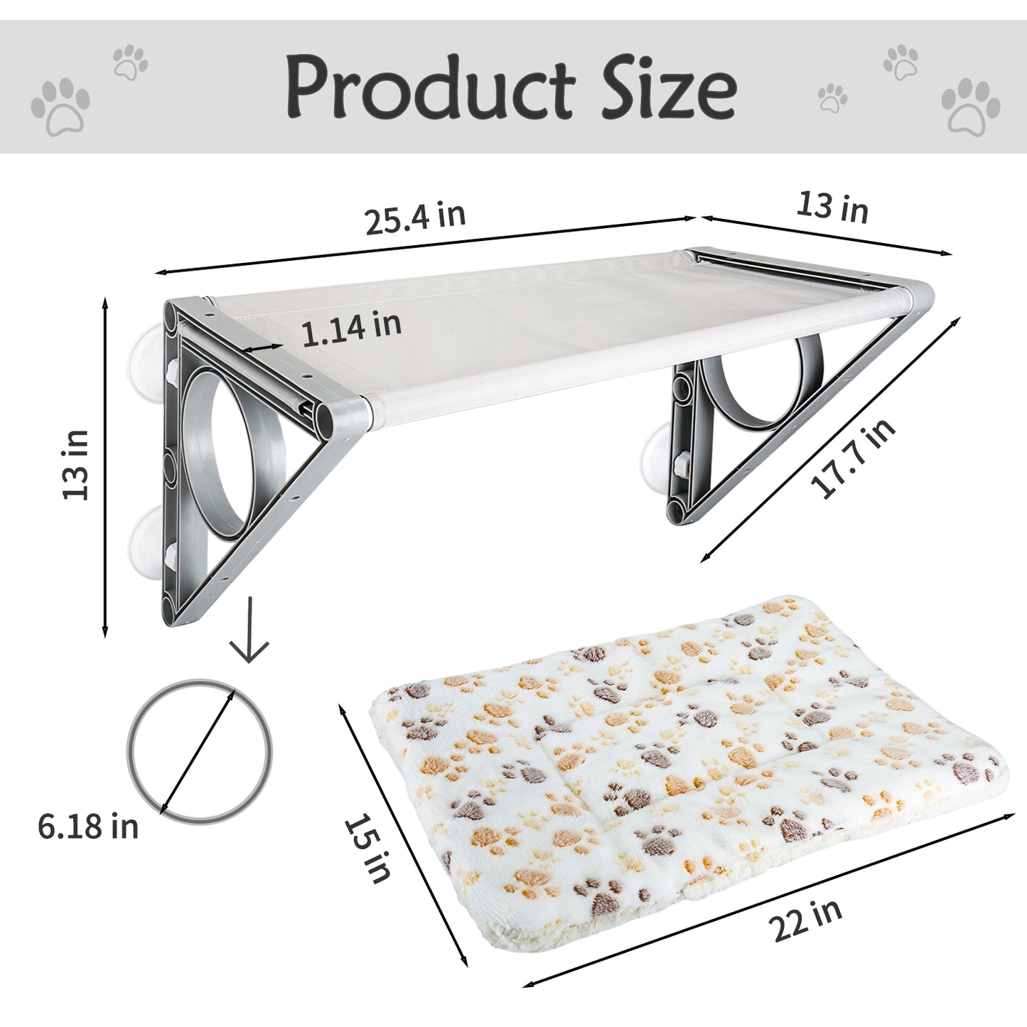 Oneisall Cat Window Perch, 24.5'' x 13'' x 13'' Large Cat Hammock for Window, Cat Window Hammock with Cat Pad & 4 Strong Suction Cups, Indoors Cat Window Bed, Cat Window Seat, Grey