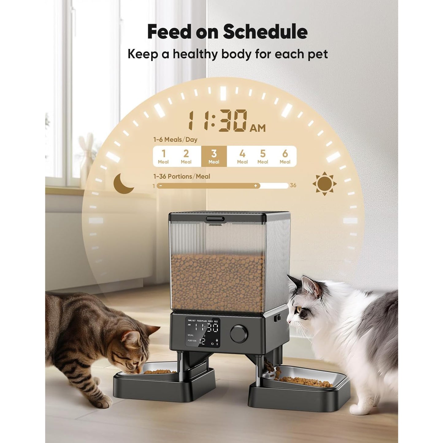 Oneisall PFD-002 Automatic Cat Food Dispenser for 2 Cats/2 Small Dogs, 5L/20 Cups Cat Food Dispenser, Double Bowl Automatic Cat Feeder with 1 Desiccant Bag, Timed Pet Feeder for Pet Dry Food - Black