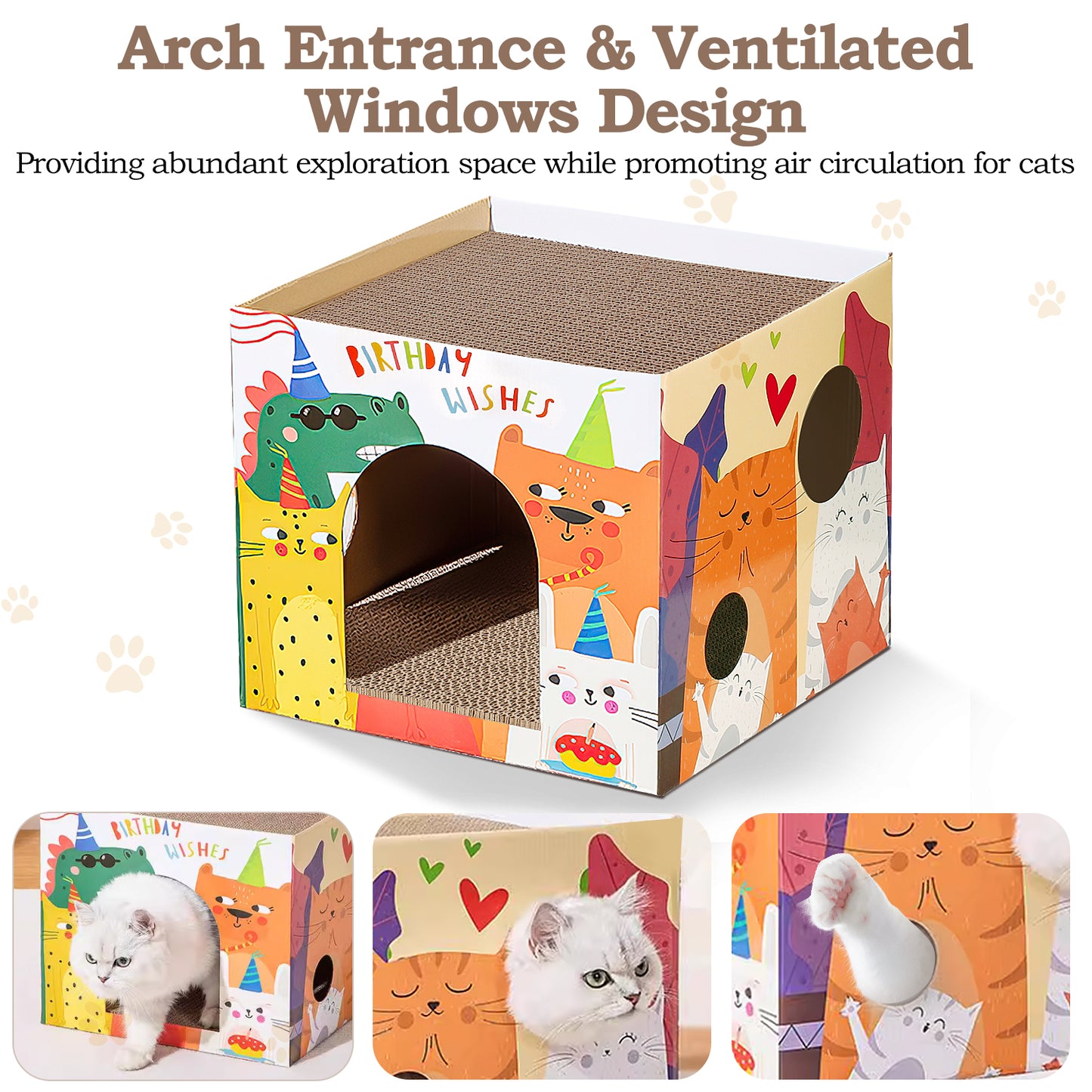 Oneisall Cardboard Cat Houses for Indoor Cats, Cat House with 2 Story Cat Scratch Pads & 3 Mouse Toys, 13.8"L x 13.8"W x 11.8"H Cardboard Cat Scratchers Bed, Cat Play & Hideaway House for Small Cats