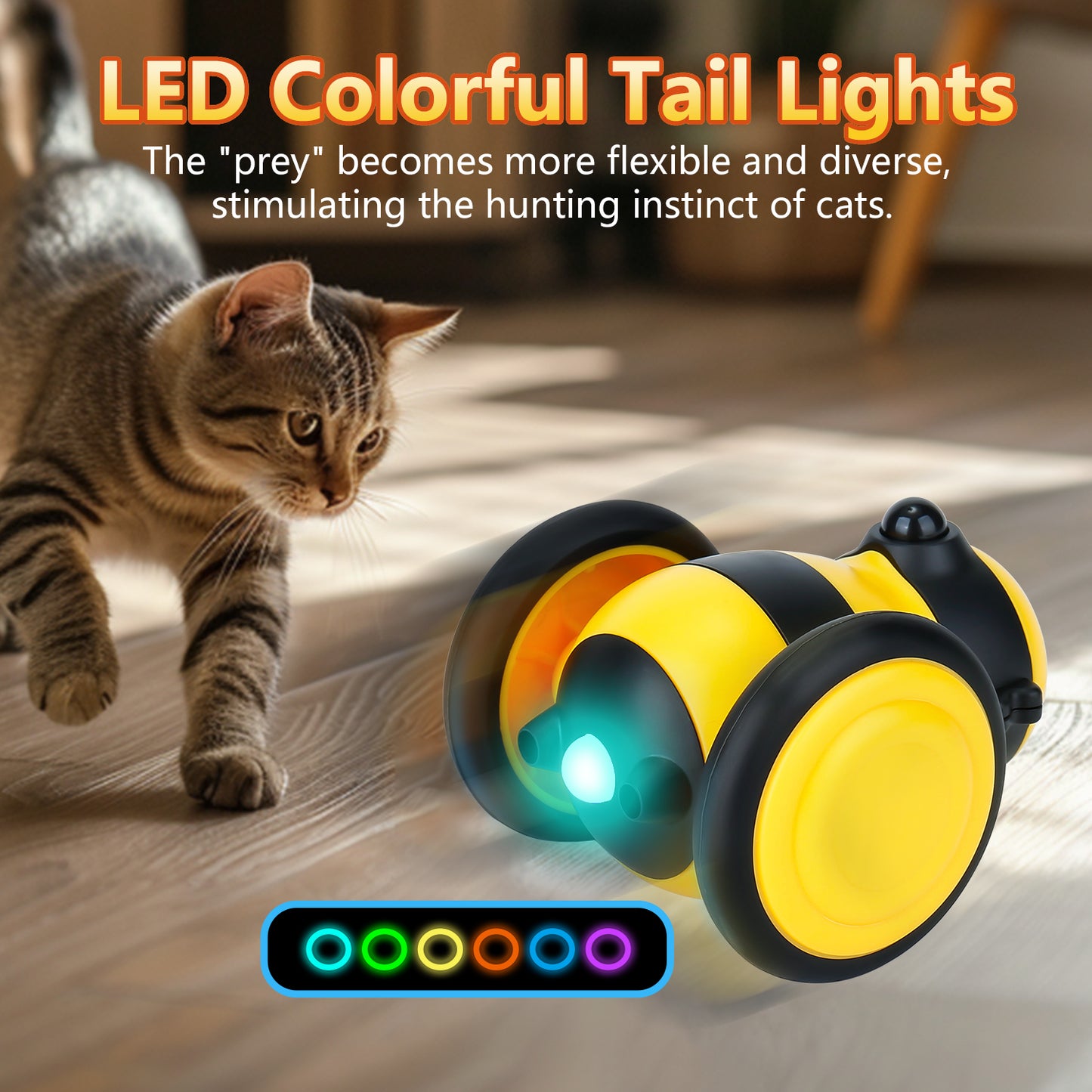 Oneisall 2 Pack Interactive Cat Toys for Indoor Cats, Little Bee Shape Automatic Cat Toy with Colorful LED Lights, Cat Interactive Toy with 6 Feather Toys, Smart Cat Toys Interactive - Yellow+Pink