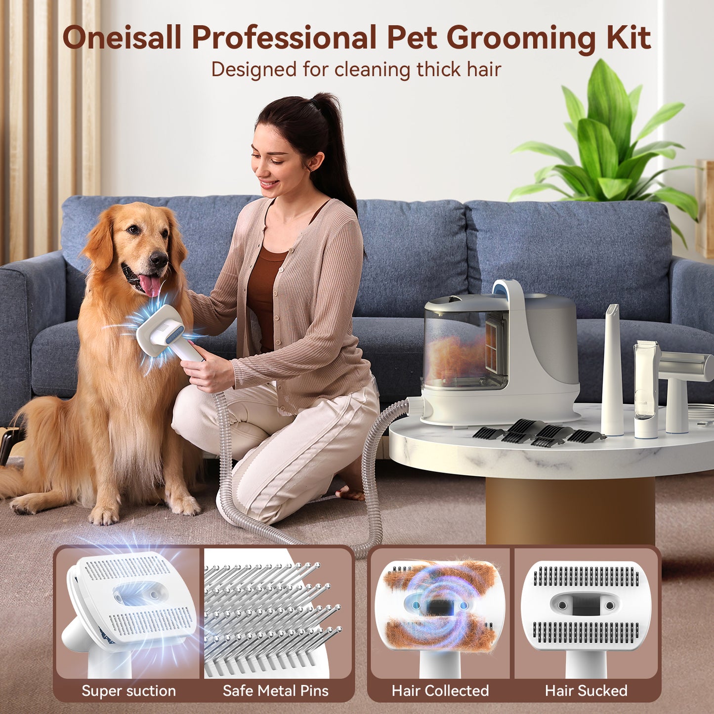 Oneisall LM3 Dog Grooming Vacuum/13Kpa Low Noise Pet Grooming Vacuum /3L Large Dust Bin Dog Vacuum for Shedding Grooming/Dog Grooming Kit Including 6 Tools for Dhedding Thick Coats and Home Cleaning