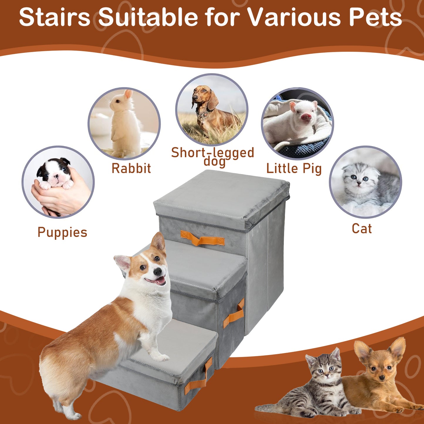 Oneisall Dog Stairs for Small Dogs Cats, 3 Steps Foldable Dog Steps for High Bed & Couch, 18" H Non-Slip Cat Stairs with Portable Handles & Storage & Condo, Pet Stairs for Bed Hold Up to 60 lbs, Grey