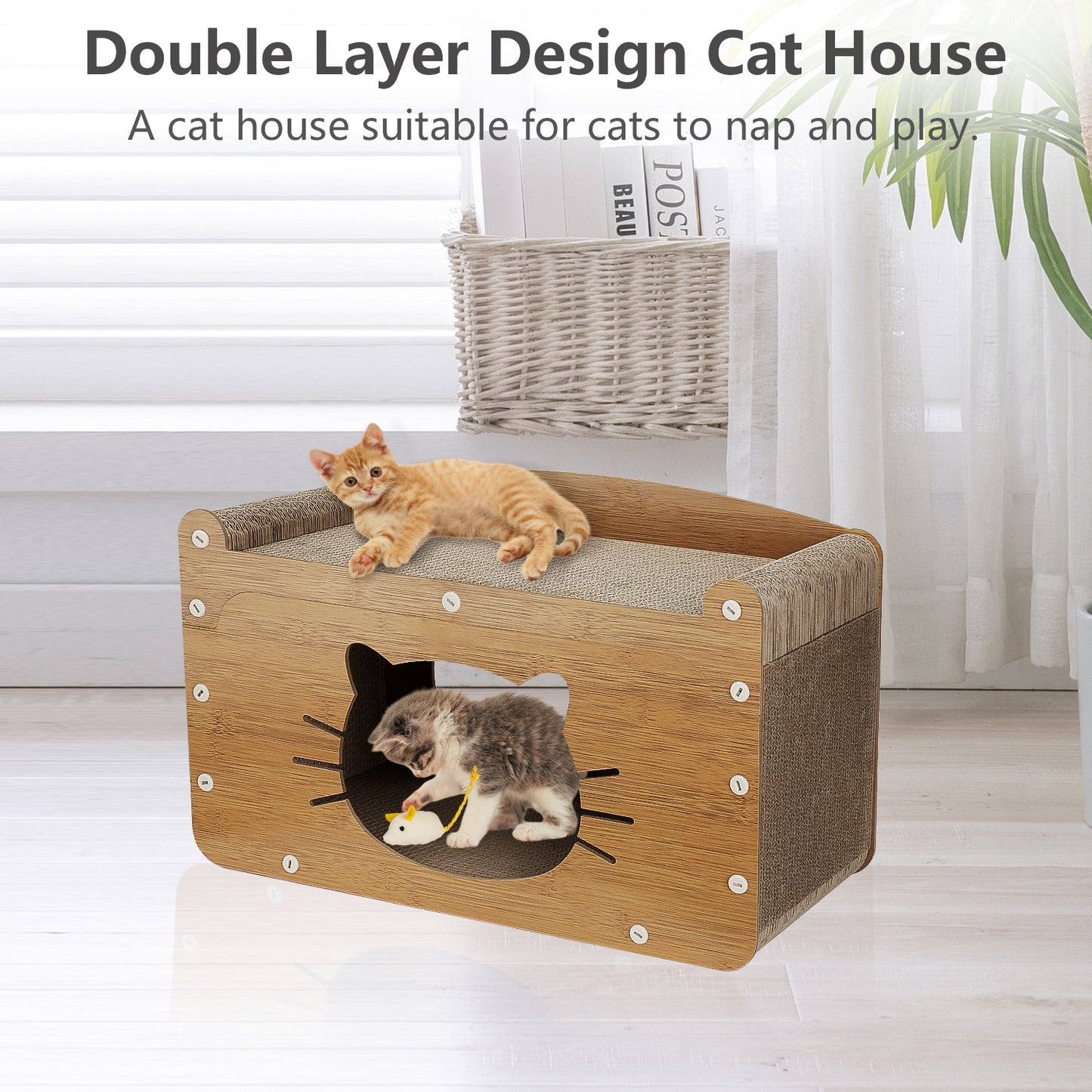 Oneisall 2 In 1 Cat Scratcher Cat Houses for Indoor Cats, 2-Layer Cardboard Cat House & 8-Sides Cat Scratching Board, Cat Scratcher House with 3 Cat Toys, Cat Furniture Cat Scratch Pad, Wood Color