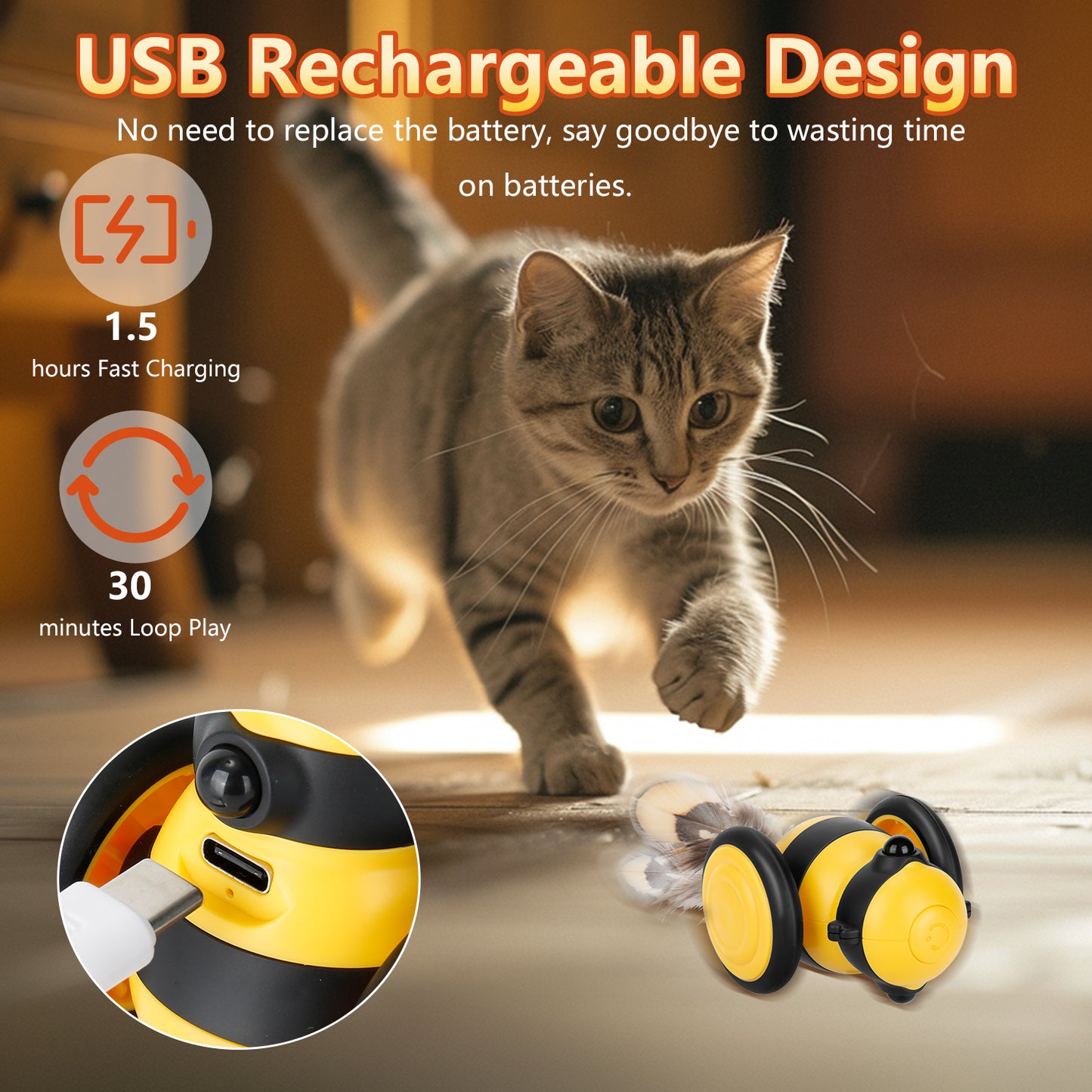 Oneisall 2 Pack Interactive Cat Toys for Indoor Cats, Little Bee Shape Automatic Cat Toy with Colorful LED Lights, Cat Interactive Toy with 6 Feather Toys, Smart Cat Toys Interactive - Yellow+Pink