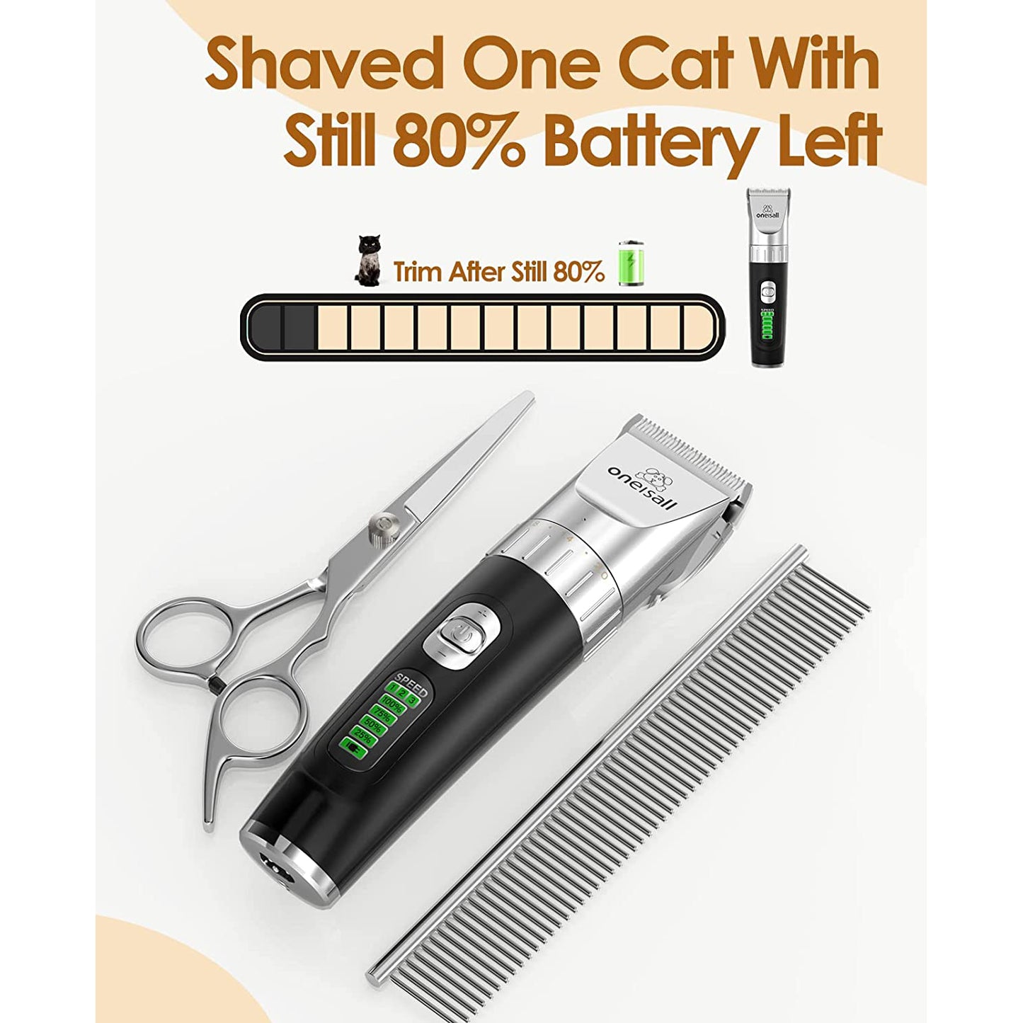 Oneisall A11 3 Speed Quiet Dog Clippers for Grooming, Cordless 2000mAh Rechargeable Dog Grooming Kit with Base, 6 Guide Combs, Steel Comb and Scissors, Dog Grooming Clippers for Cats Dogs Matted Hair