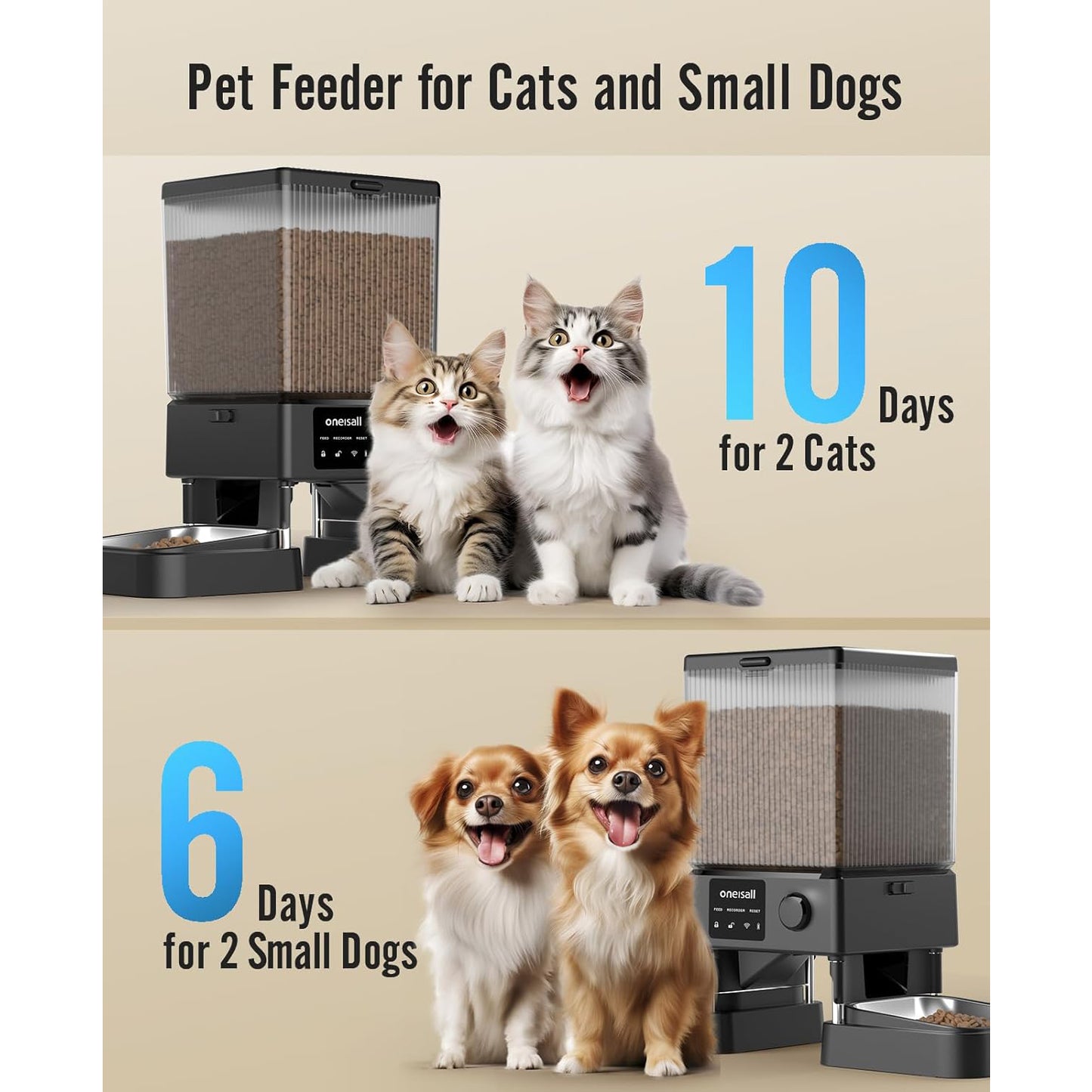 Oneisall PFD-002 PRO Automatic Cat Dog Feeder with 5G WiFi & APP Control, 5L/20 Cups Double Bowl Cat Food Dispenser with 1 Desiccant Bag, Timed Automatic Pet Feeder for 2 Cats/2 Small Dogs - Black