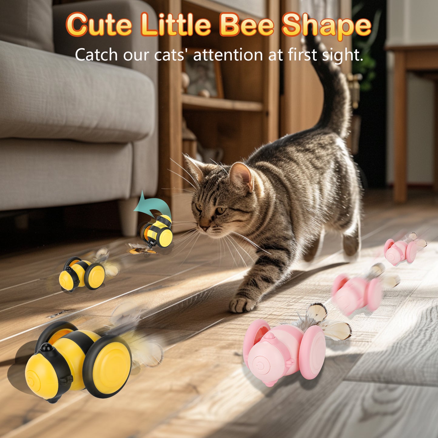 Oneisall 2 Pack Interactive Cat Toys for Indoor Cats, Little Bee Shape Automatic Cat Toy with Colorful LED Lights, Cat Interactive Toy with 6 Feather Toys, Smart Cat Toys Interactive - Yellow+Pink