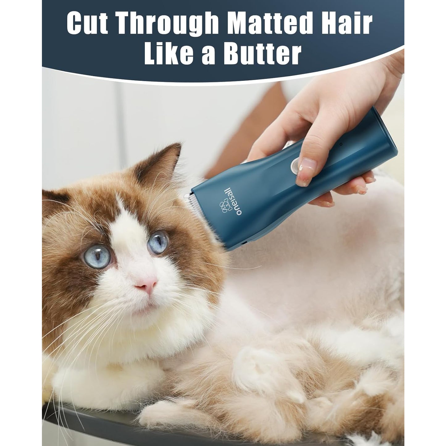 Oneisall LGL006 Cat Grooming Clippers, Cordless Quiet Cat Clippers for Cat Matted Hair, IPX7 Waterproof Small Pet Hair Clippers with 2 Guide Combs & Storage Bag, Pet Shaver for Grooming - Navy