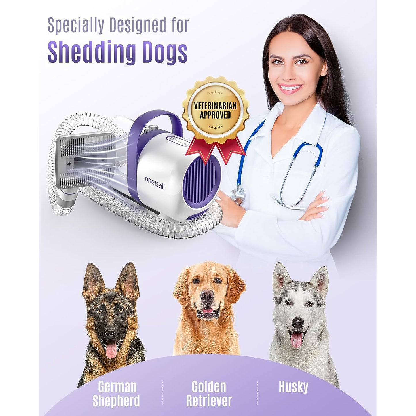 Oneisall LM5 Dog Grooming Vacuum for Shedding, 5 In 1 Low Noise Dog Hair Vacuum Groomer Dog Grooming Kit with 4 Pet Grooming Vacuum Tools & 1.5 L Dust Cup, Pet Vacuum for Dogs Cats Pet Hair, Purple