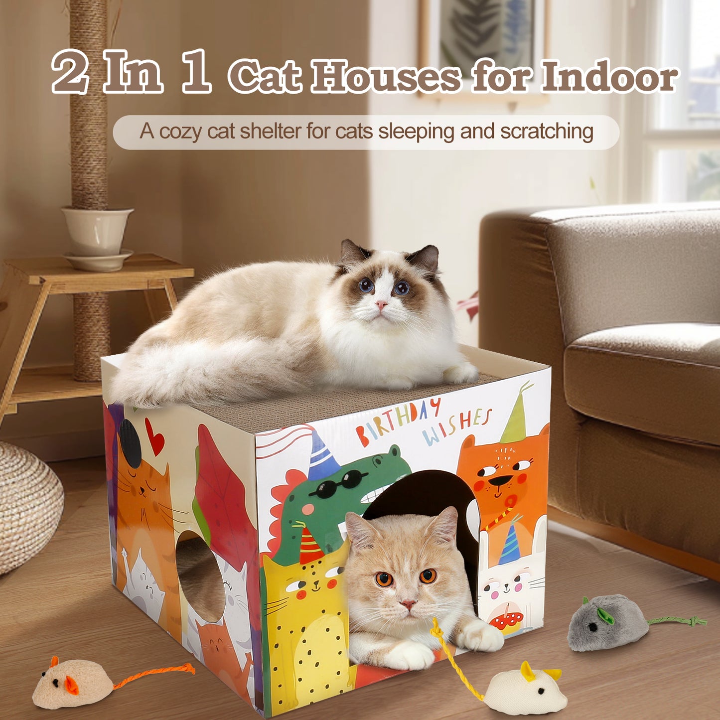 Oneisall Cardboard Cat Houses for Indoor Cats, Cat House with 2 Story Cat Scratch Pads & 3 Mouse Toys, 13.8"L x 13.8"W x 11.8"H Cardboard Cat Scratchers Bed, Cat Play & Hideaway House for Small Cats