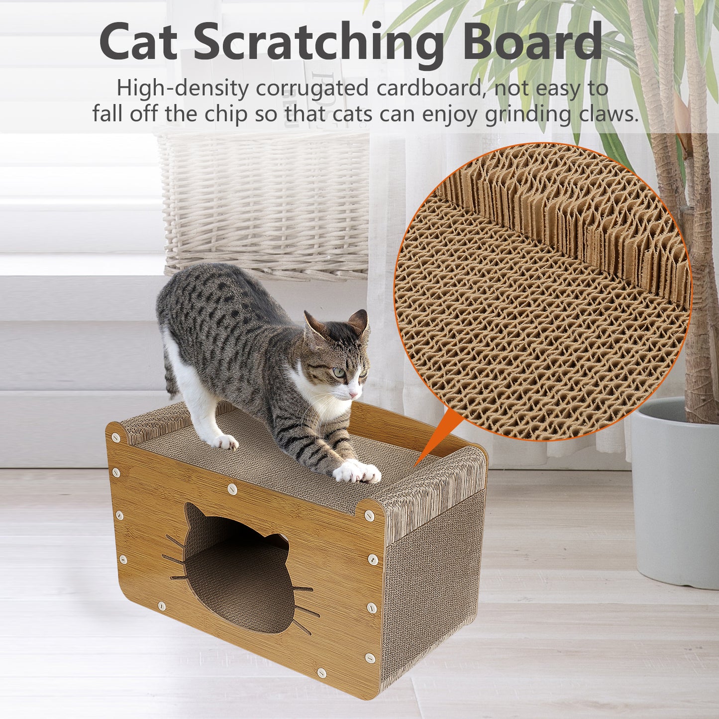 Oneisall 2 In 1 Cat Scratcher Cat Houses for Indoor Cats, 2-Layer Cardboard Cat House & 8-Sides Cat Scratching Board, Cat Scratcher House with 3 Cat Toys, Cat Furniture Cat Scratch Pad, Wood Color