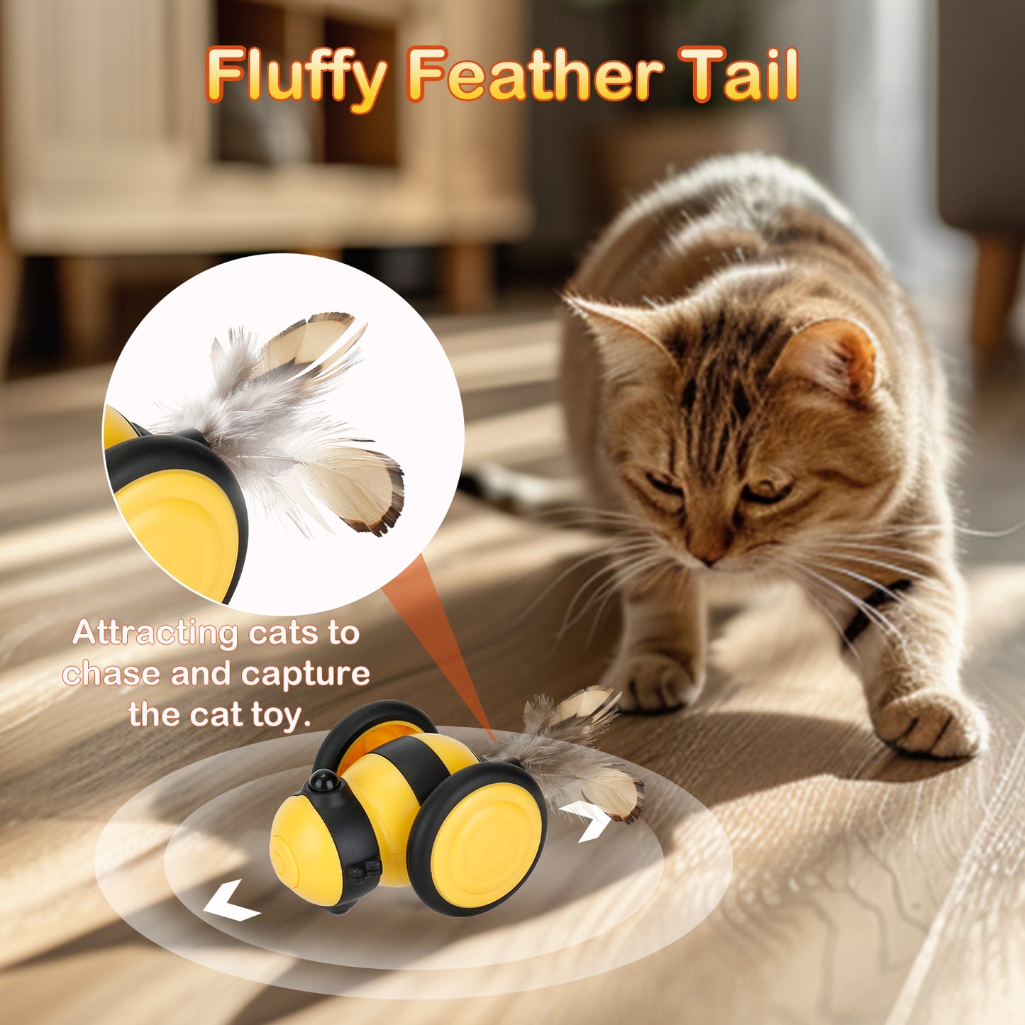 Oneisall 2 Pack Interactive Cat Toys for Indoor Cats, Little Bee Shape Automatic Cat Toy with Colorful LED Lights, Cat Interactive Toy with 6 Feather Toys, Smart Cat Toys Interactive - Yellow+Pink