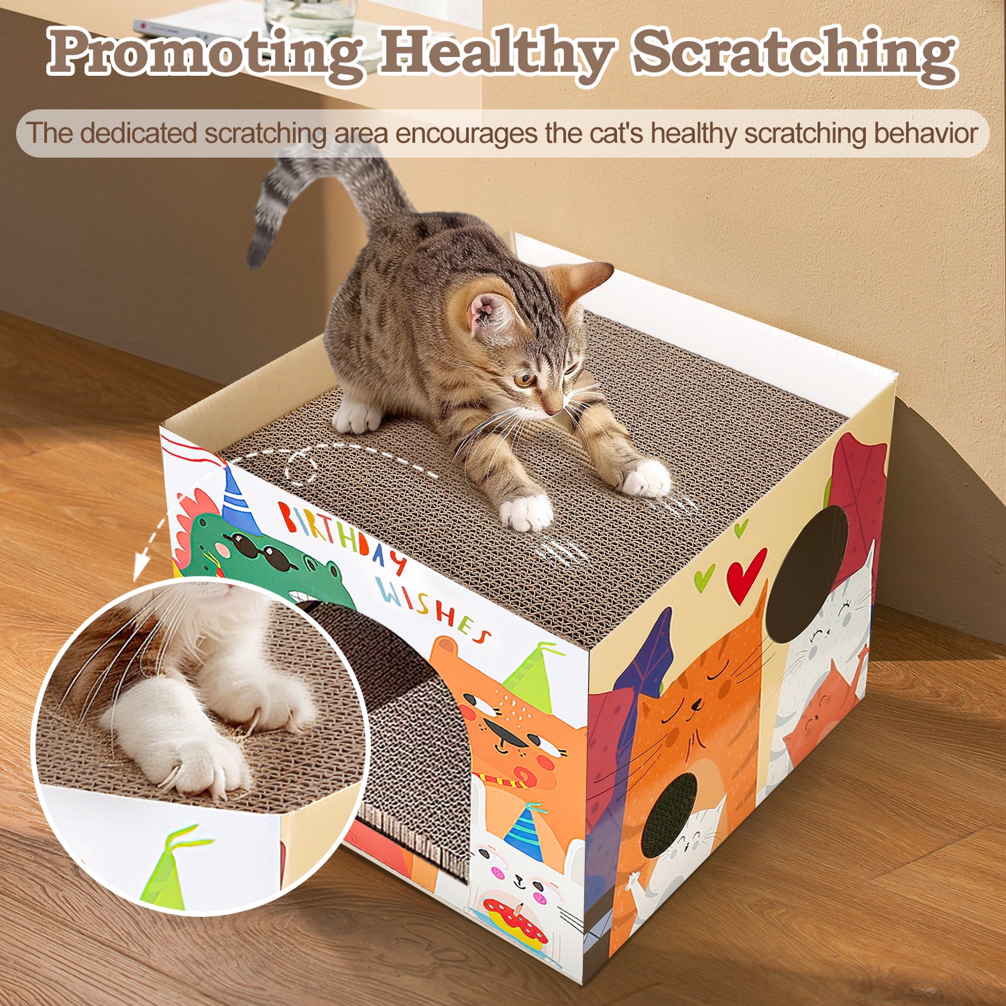 Oneisall Cardboard Cat Houses for Indoor Cats, Cat House with 2 Story Cat Scratch Pads & 3 Mouse Toys, 13.8"L x 13.8"W x 11.8"H Cardboard Cat Scratchers Bed, Cat Play & Hideaway House for Small Cats