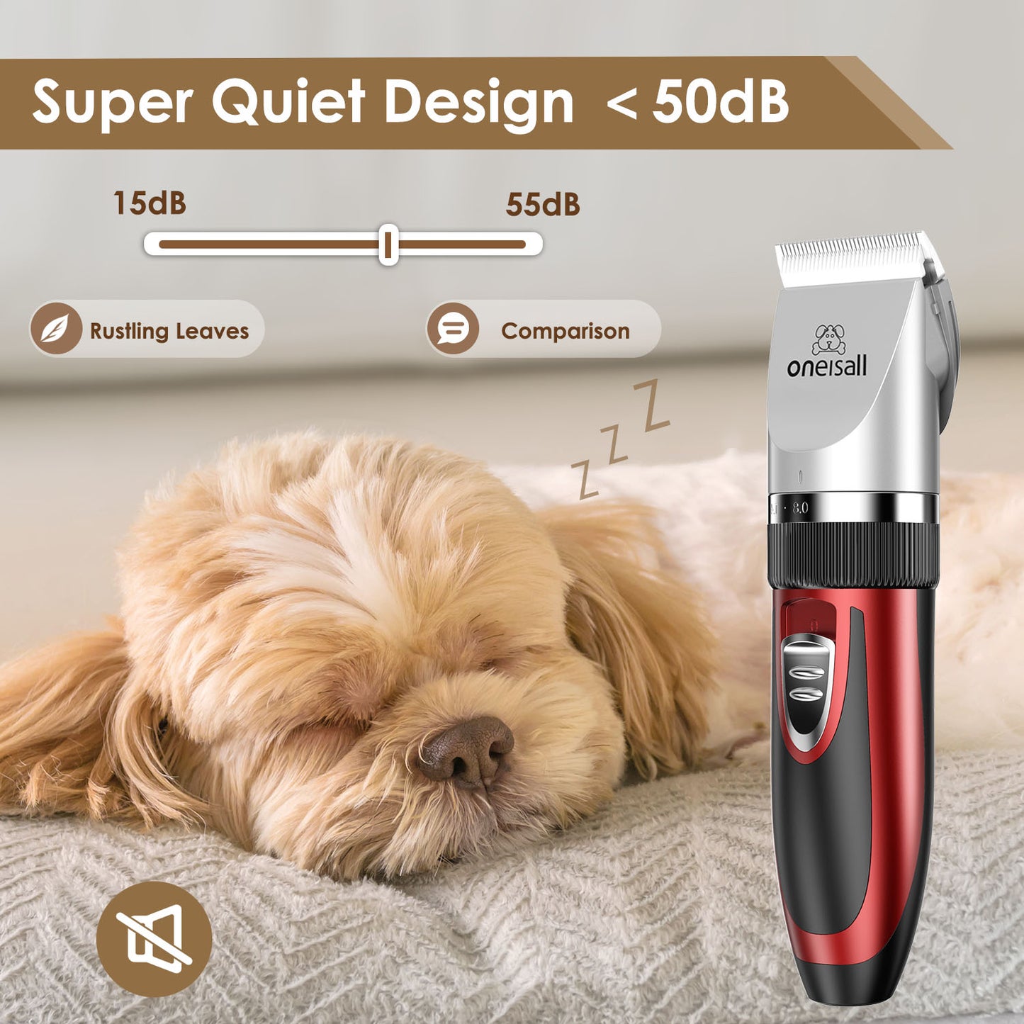 Oneisall Dog Clippers 50db Low Noise, 2-Speed Quiet Dog Grooming Kit Rechargeable Cordless Pet Hair Clipper Trimmer Shaver for Small and Large Dogs Cats Animals - Red