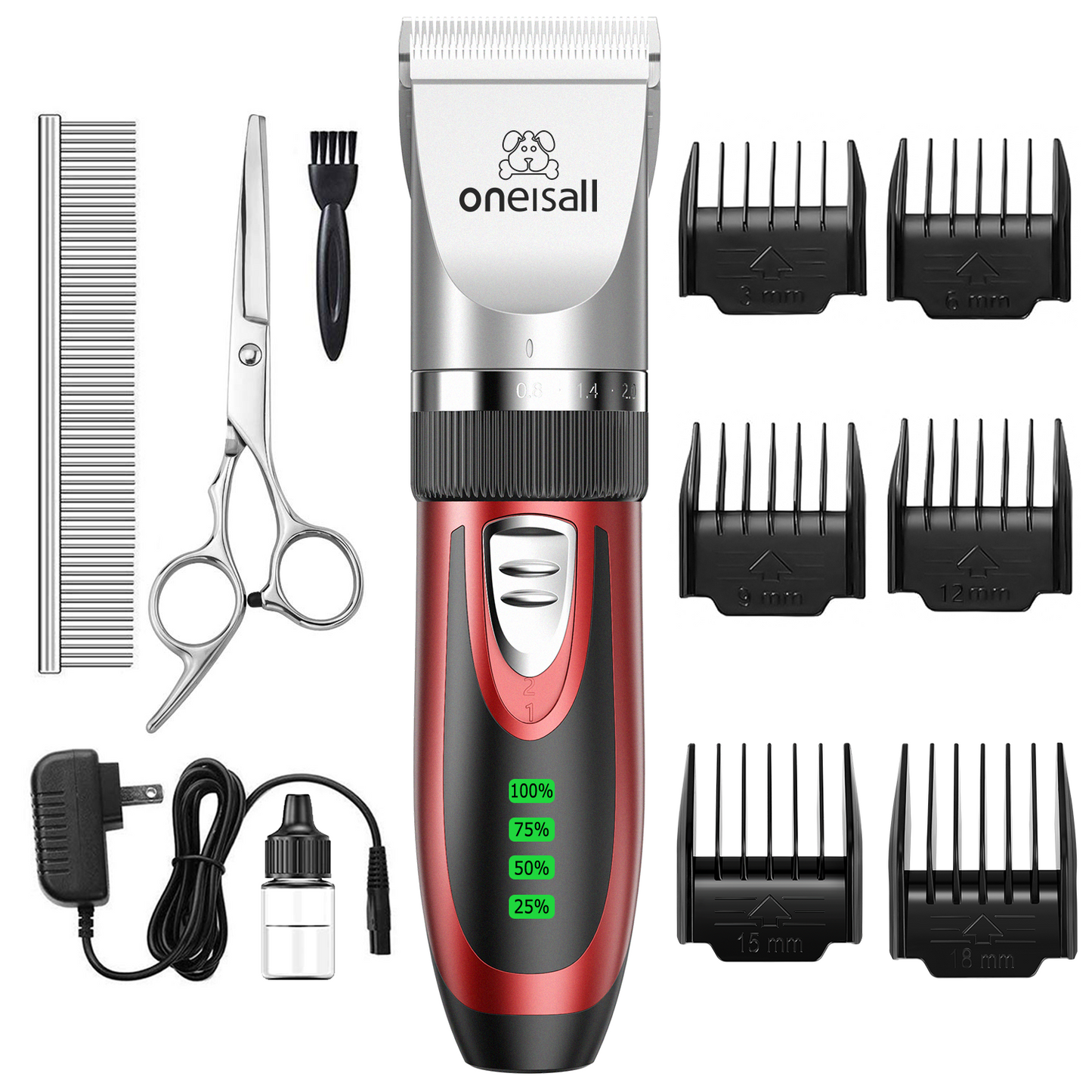 Oneisall Dog Clippers 50db Low Noise, 2-Speed Quiet Dog Grooming Kit Rechargeable Cordless Pet Hair Clipper Trimmer Shaver for Small and Large Dogs Cats Animals - Red