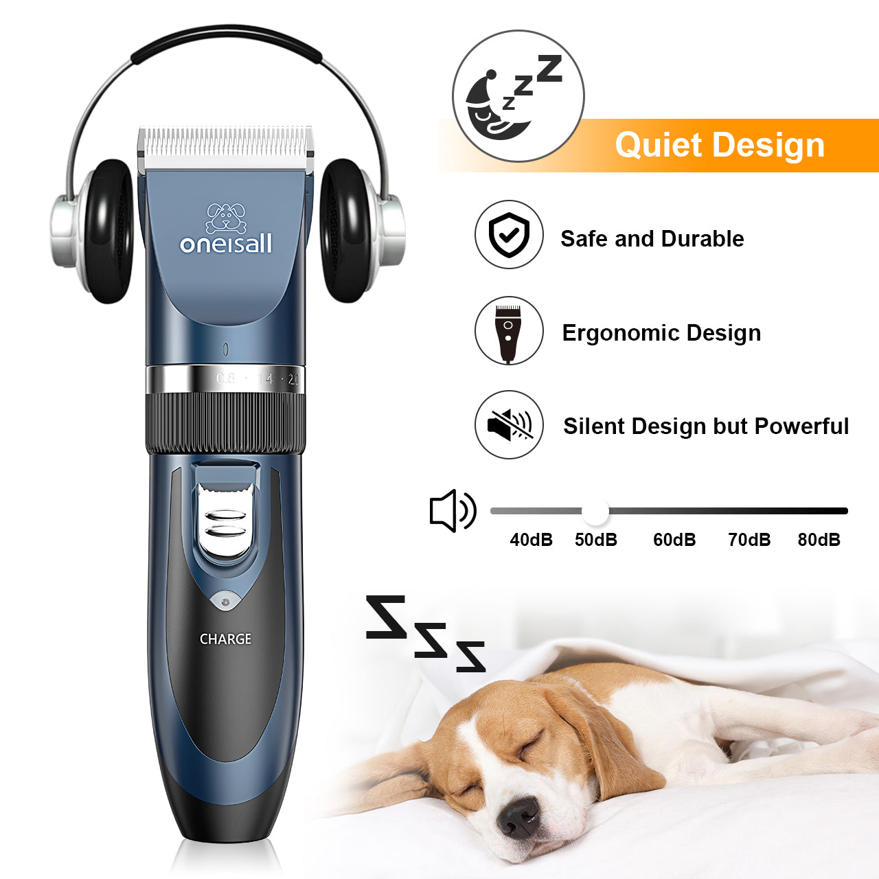 Oneisall Pet Clippers Electric, Low Noise Dog Grooming Kit, Rechargeable Cordless Dog Clippers for Grooming, Hair Clippers Set for Dogs Cats Pets - Navy