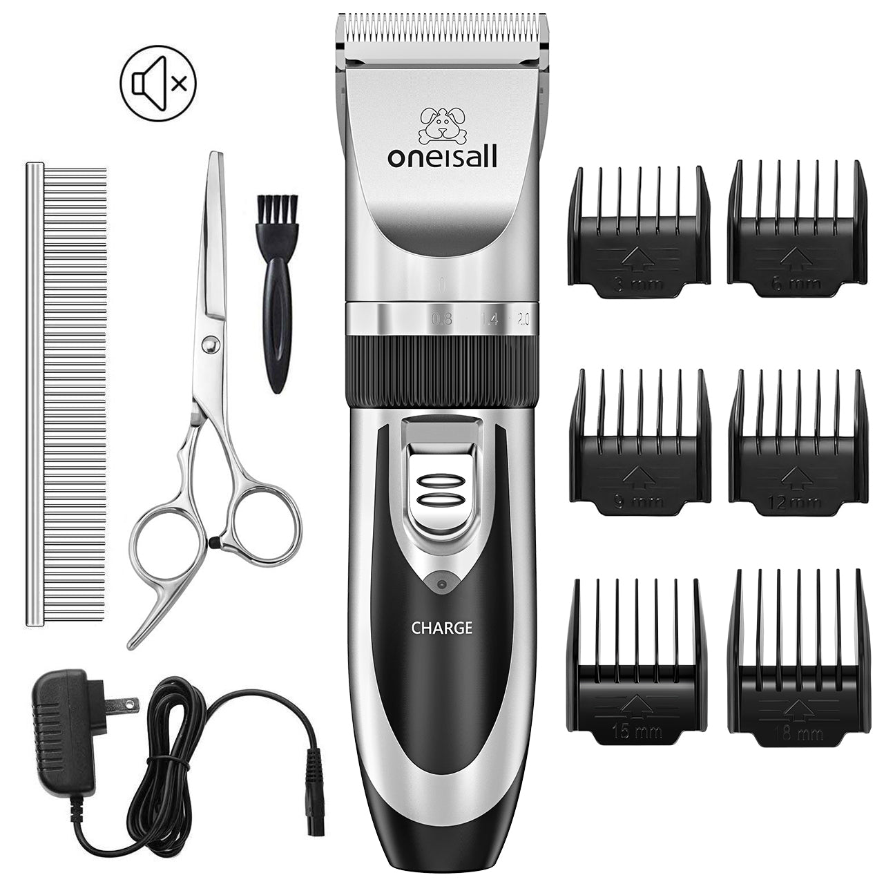 Oneisall Pet Clippers Electric, Low Noise Dog Grooming Kit, Rechargeable Cordless Dog Clippers for Grooming, Hair Clippers Set for Dogs Cats Pets - Silver