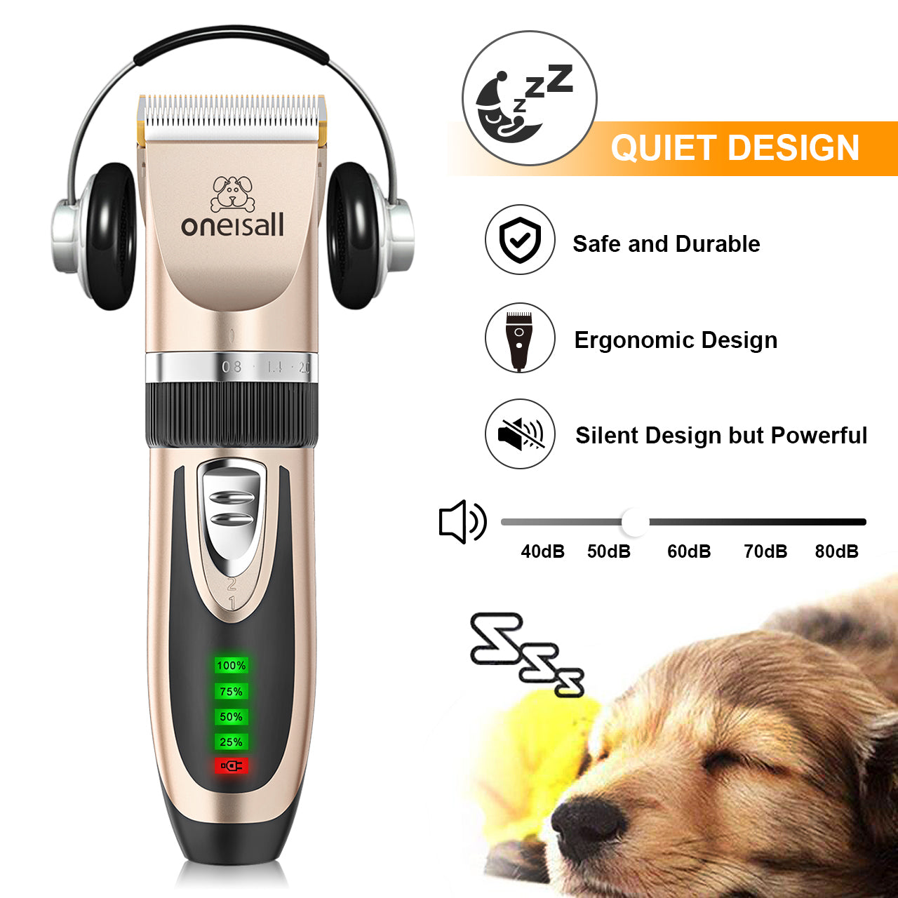 Oneisall Dog Clippers 50db Low Noise, 2-Speed Quiet Dog Grooming Kit Rechargeable Cordless Pet Hair Clipper Trimmer Shaver for Small and Large Dogs Cats Animals - Gold