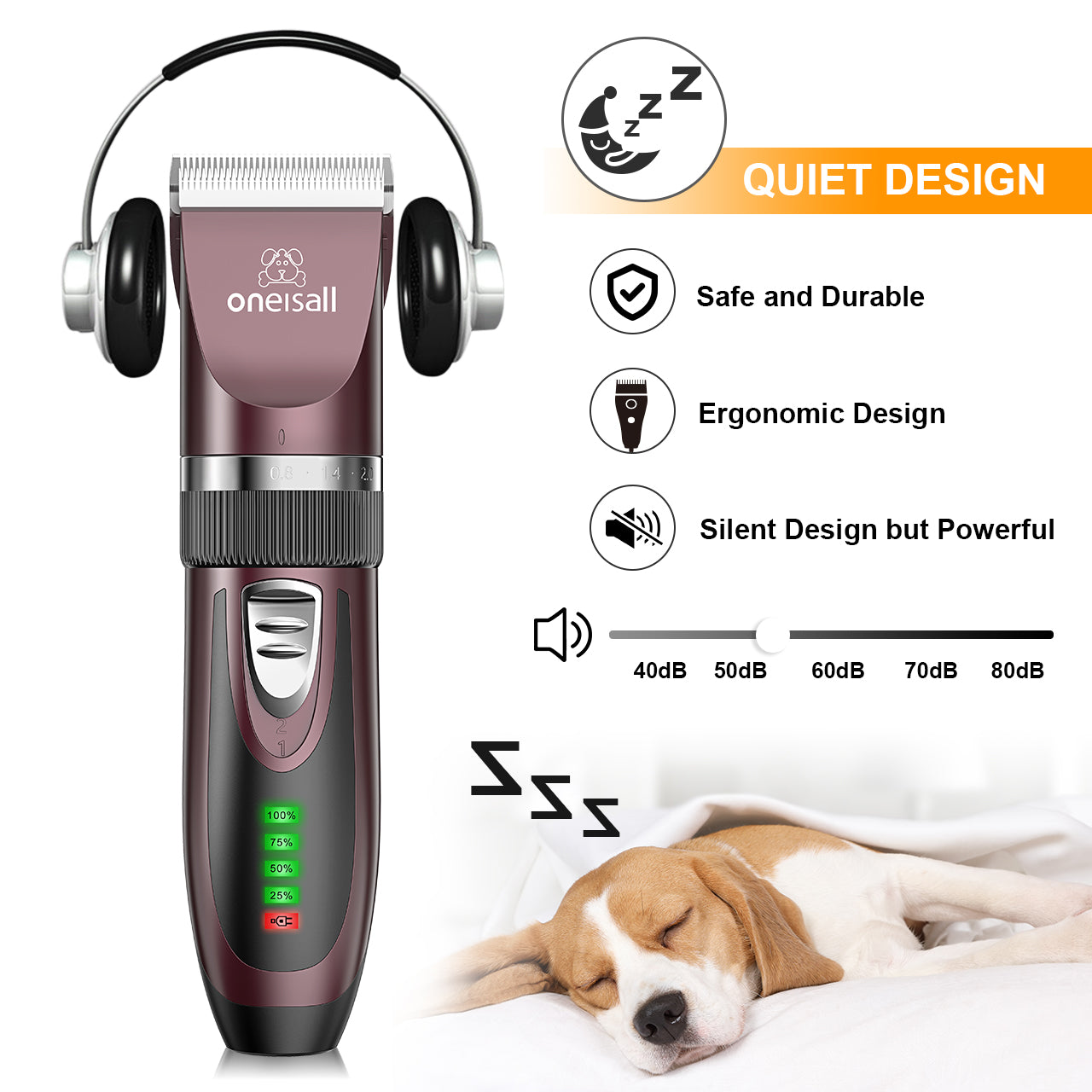 Oneisall Dog Clippers 50db Low Noise, 2-Speed Quiet Dog Grooming Kit Rechargeable Cordless Pet Hair Clipper Trimmer Shaver for Small and Large Dogs Cats Animals - Rose(dark)