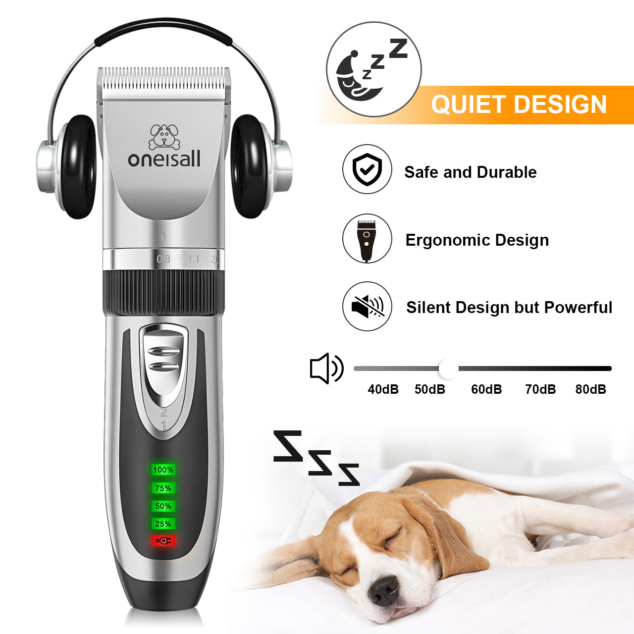 Oneisall Dog Clippers 50db Low Noise, 2-Speed Quiet Dog Grooming Kit Rechargeable Cordless Pet Hair Clipper Trimmer Shaver for Small and Large Dogs Cats Animals - Silver