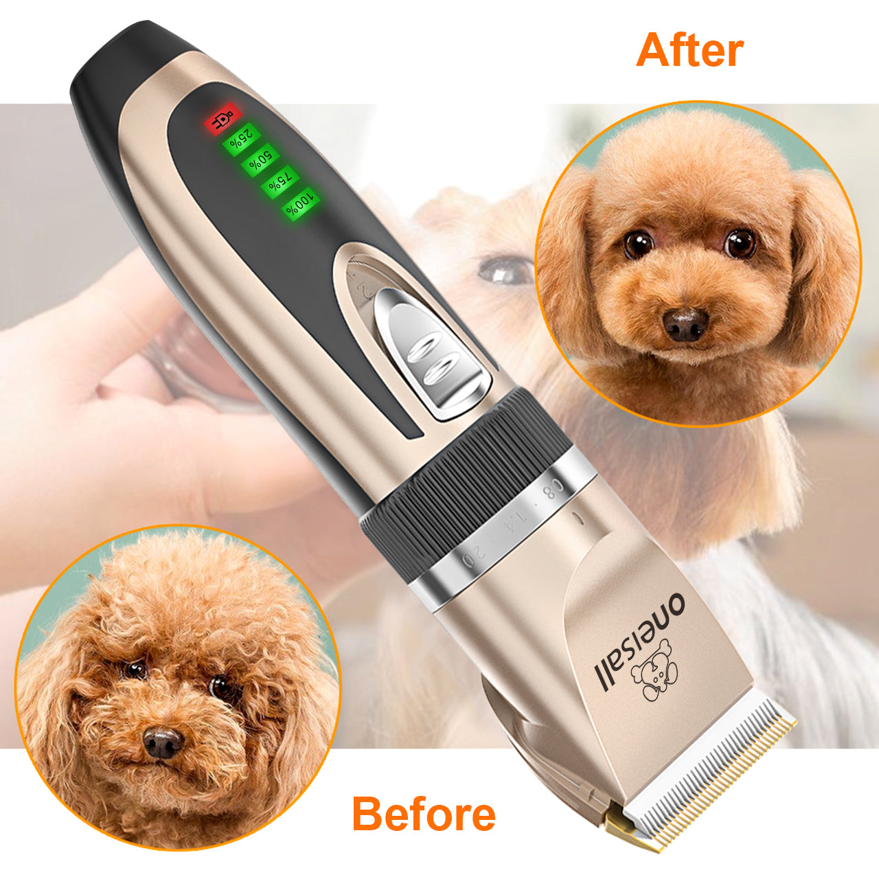 Oneisall Dog Clippers 50db Low Noise, 2-Speed Quiet Dog Grooming Kit Rechargeable Cordless Pet Hair Clipper Trimmer Shaver for Small and Large Dogs Cats Animals - Gold