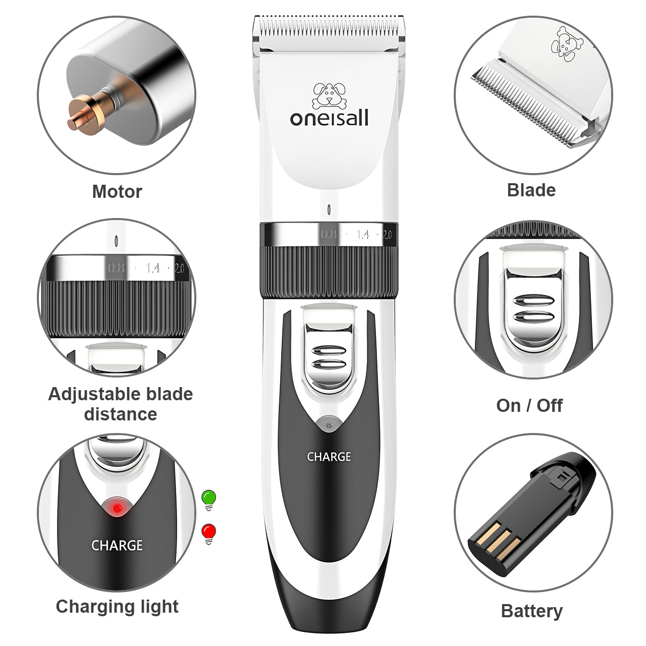 Oneisall Pet Clippers Electric, Low Noise Dog Grooming Kit, Rechargeable Cordless Dog Clippers for Grooming, Hair Clippers Set for Dogs Cats Pets - White