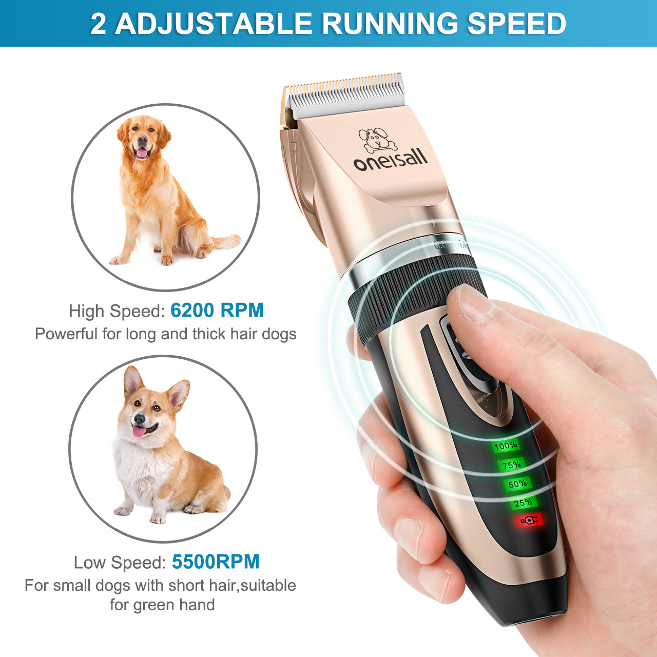 Oneisall Dog Clippers 50db Low Noise, 2-Speed Quiet Dog Grooming Kit Rechargeable Cordless Pet Hair Clipper Trimmer Shaver for Small and Large Dogs Cats Animals - Gold