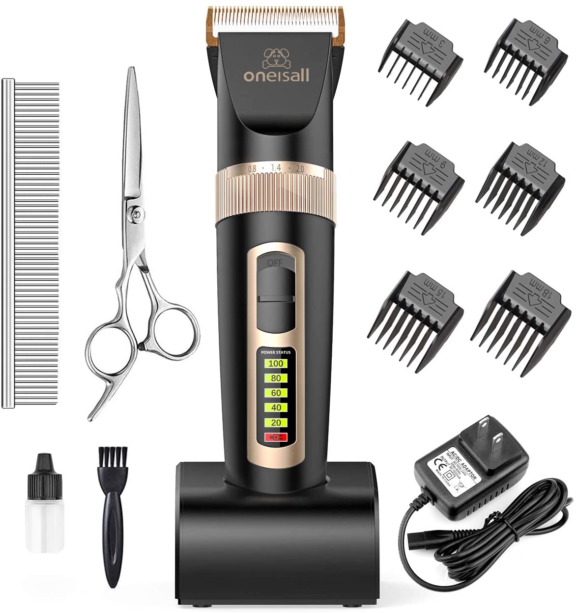 Oneisall Professional Dog Grooming Kit, 2-Speed Quiet Rechargeable Cordless Pet Grooming Hair Clippers Set for Small Medium Large Dogs & Cats - Black