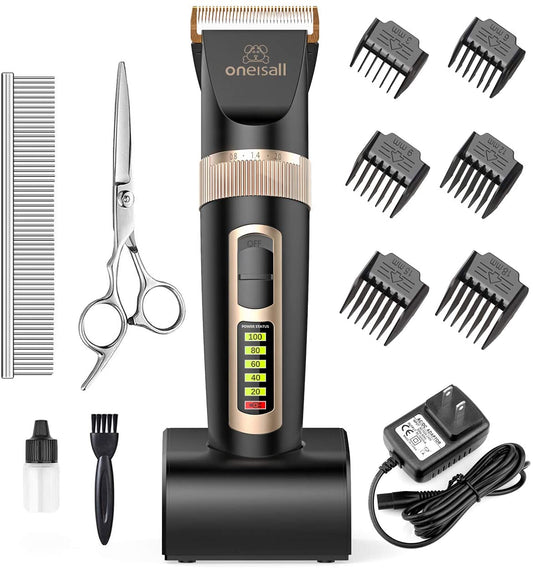 Oneisall Professional Dog Grooming Kit, 2-Speed Quiet Rechargeable Cordless Pet Grooming Hair Clippers Set for Small Medium Large Dogs & Cats - Black