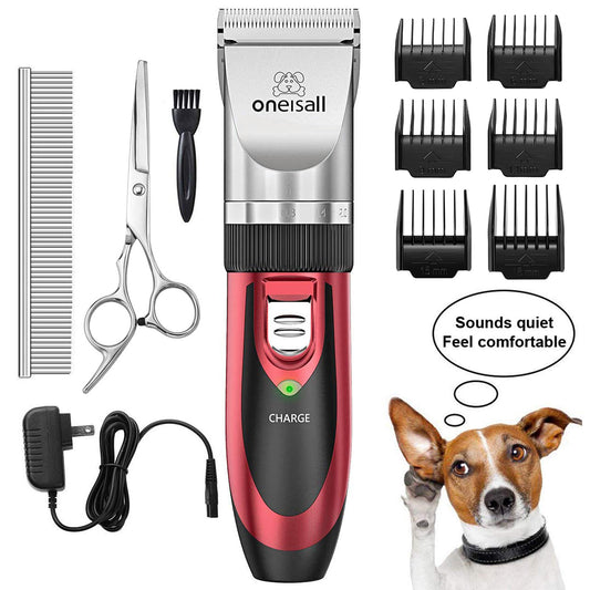 Oneisall Pet Clippers Electric, Low Noise Dog Grooming Kit, Rechargeable Cordless Dog Clippers for Grooming, Hair Clippers Set for Dogs Cats Pets - Red