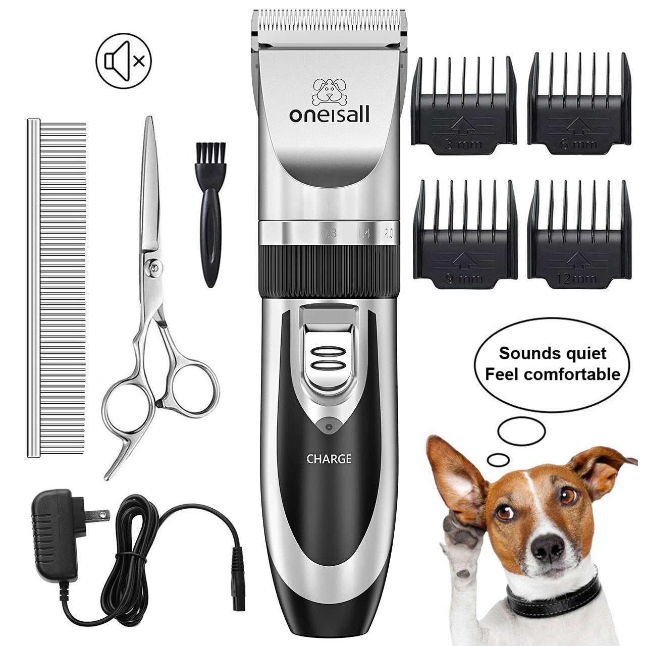 Oneisall Pet Clippers Electric, Low Noise Dog Grooming Kit, Rechargeable Cordless Dog Clippers for Grooming, Hair Clippers Set for Dogs Cats Pets - Silver