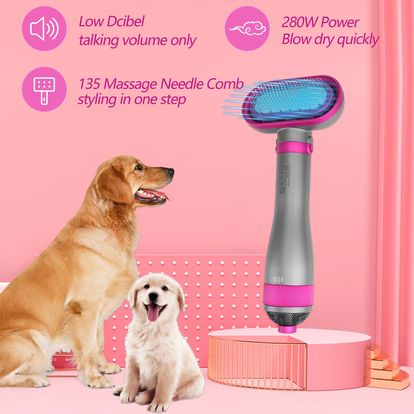 Oneisall 2022 Upgraded Quiet Pet Hair Dryer, 360° Dog Dryer & Dog Brush & Dog Grooming Kit, 2 Heat Settings & 3 Adjustable Blowing Dryer, Pet Supplies for Small, Medium and Large Dogs and Cat - Rose