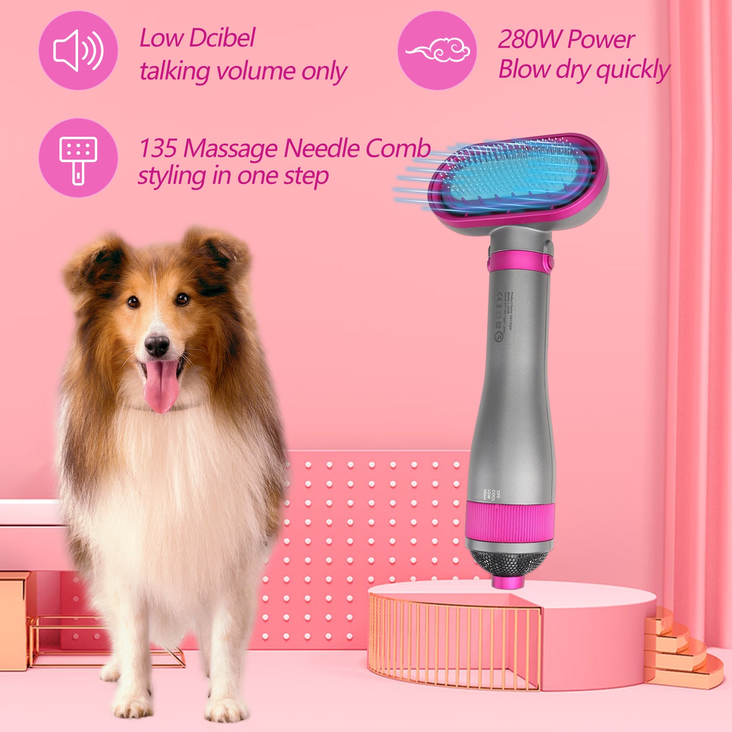 Oneisall 2022 Upgraded Quiet Pet Hair Dryer, 360° Dog Dryer & Dog Brush & Dog Grooming Kit, 2 Heat Settings & 3 Adjustable Blowing Dryer, Pet Supplies for Small, Medium and Large Dogs and Cat - Rose