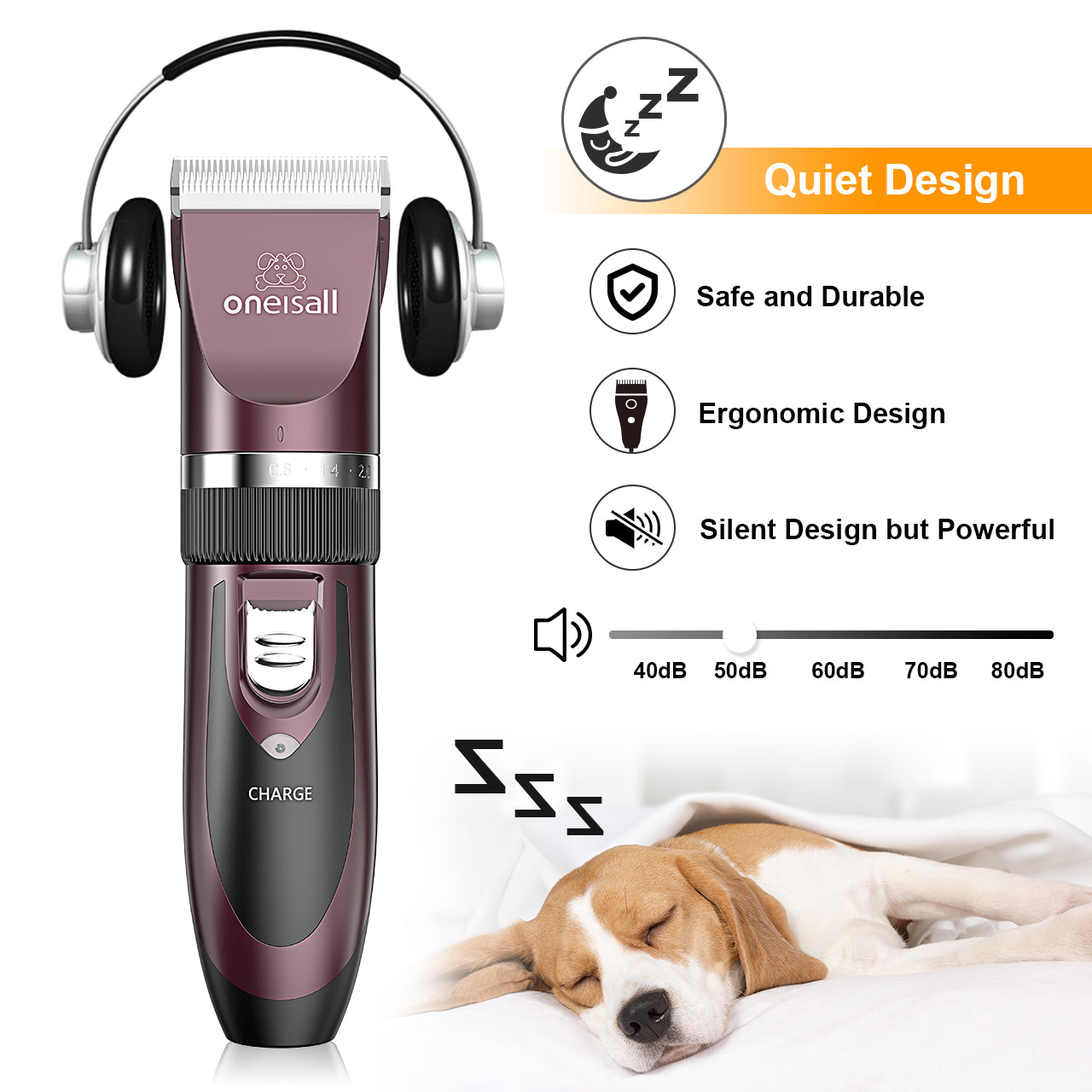 Oneisall Pet Clippers Electric, Low Noise Dog Grooming Kit, Rechargeable Cordless Dog Clippers for Grooming, Hair Clippers Set for Dogs Cats Pets - Rose(dark)