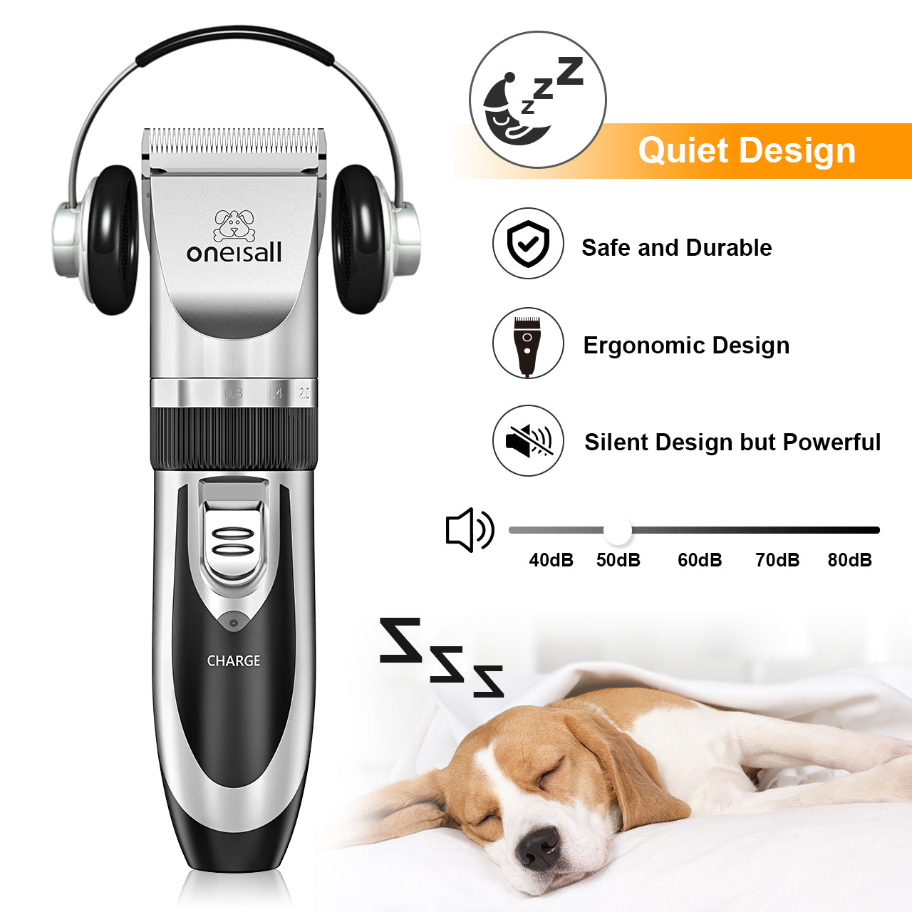 Oneisall Pet Clippers Electric, Low Noise Dog Grooming Kit, Rechargeable Cordless Dog Clippers for Grooming, Hair Clippers Set for Dogs Cats Pets - Silver